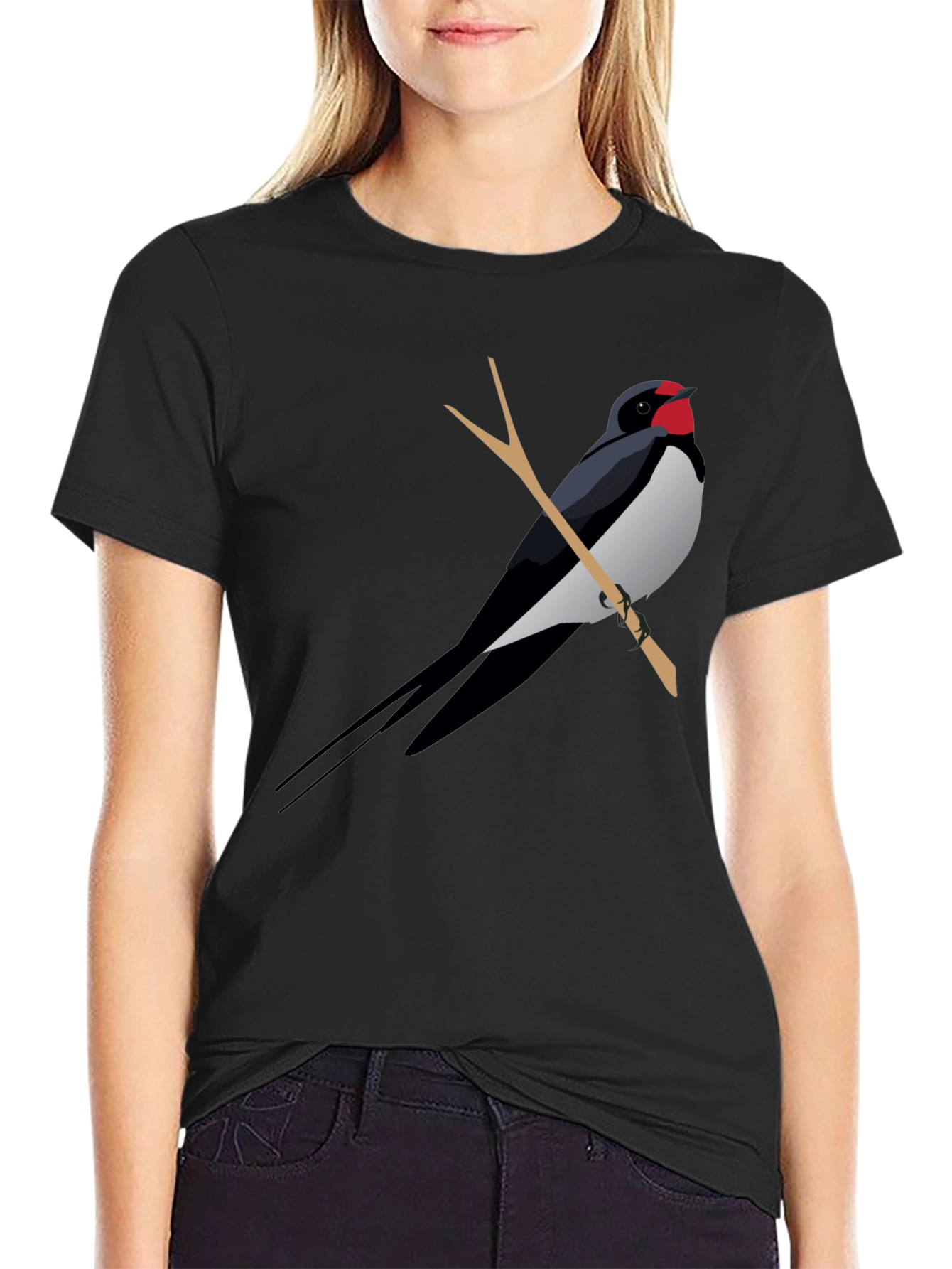 Black T-Shirt with Swallow Bird Graphic