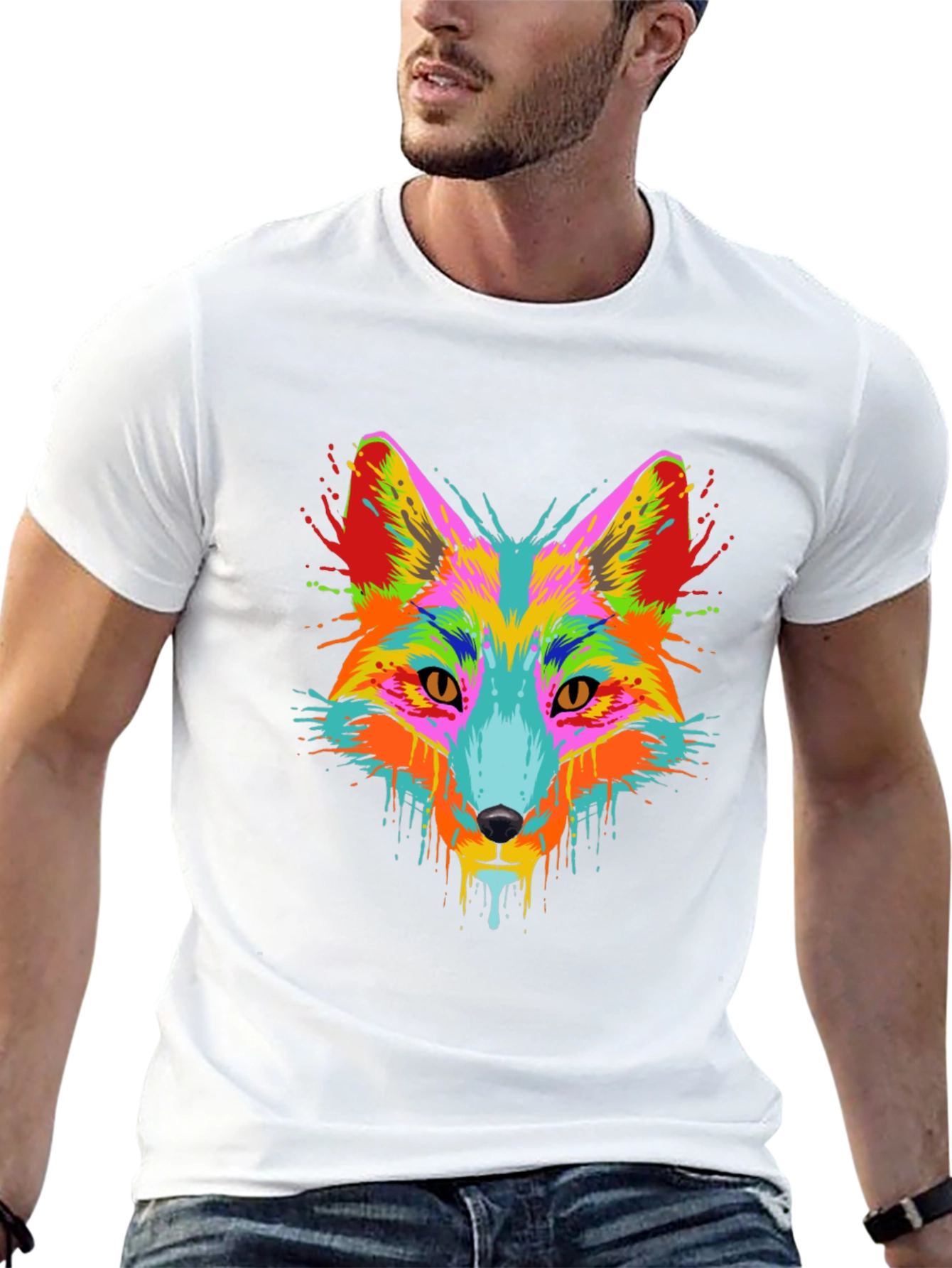Vibrant Fox Head Graphic Black T-Shirt