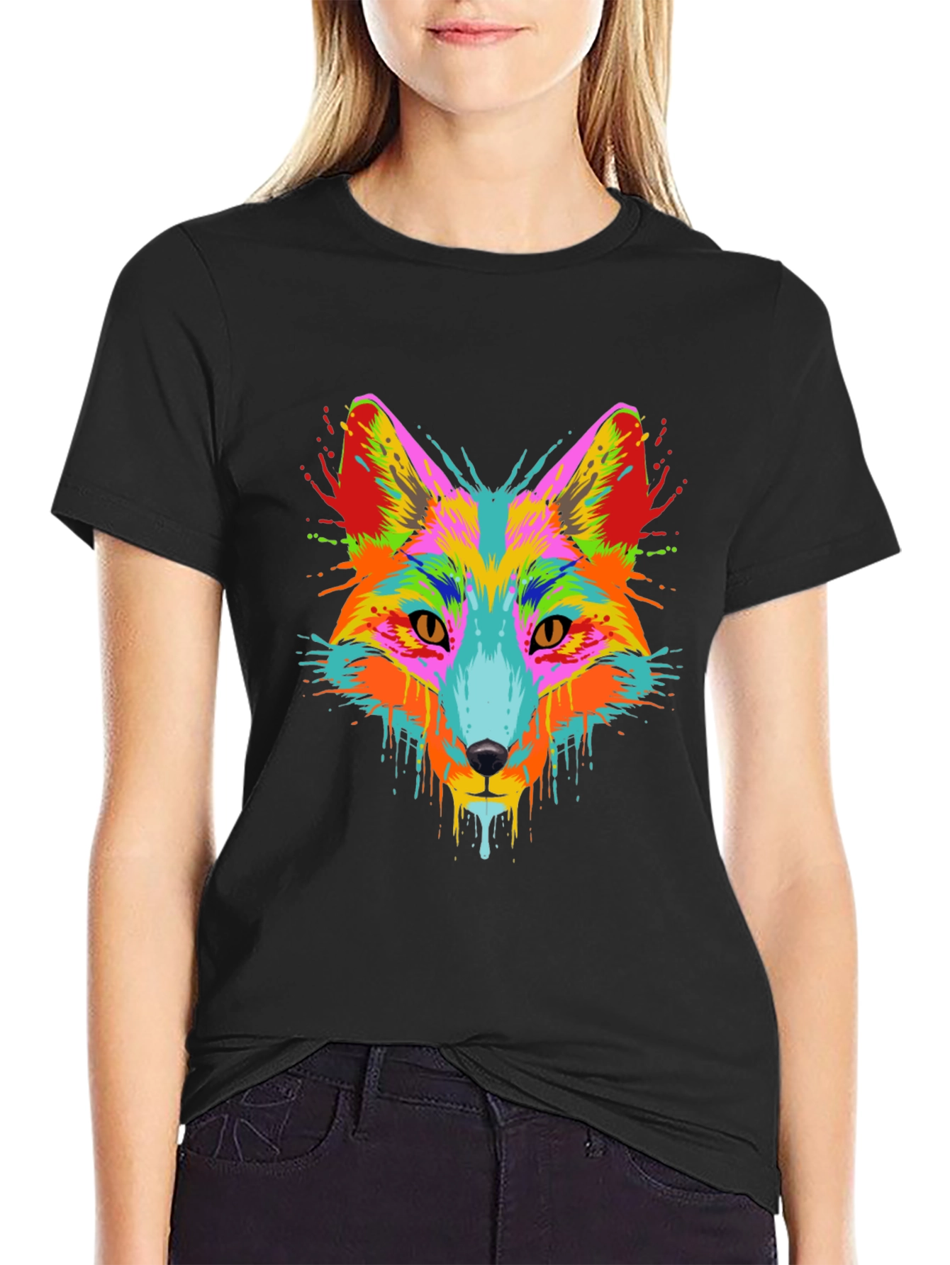 Vibrant Fox Head Graphic Black T-Shirt