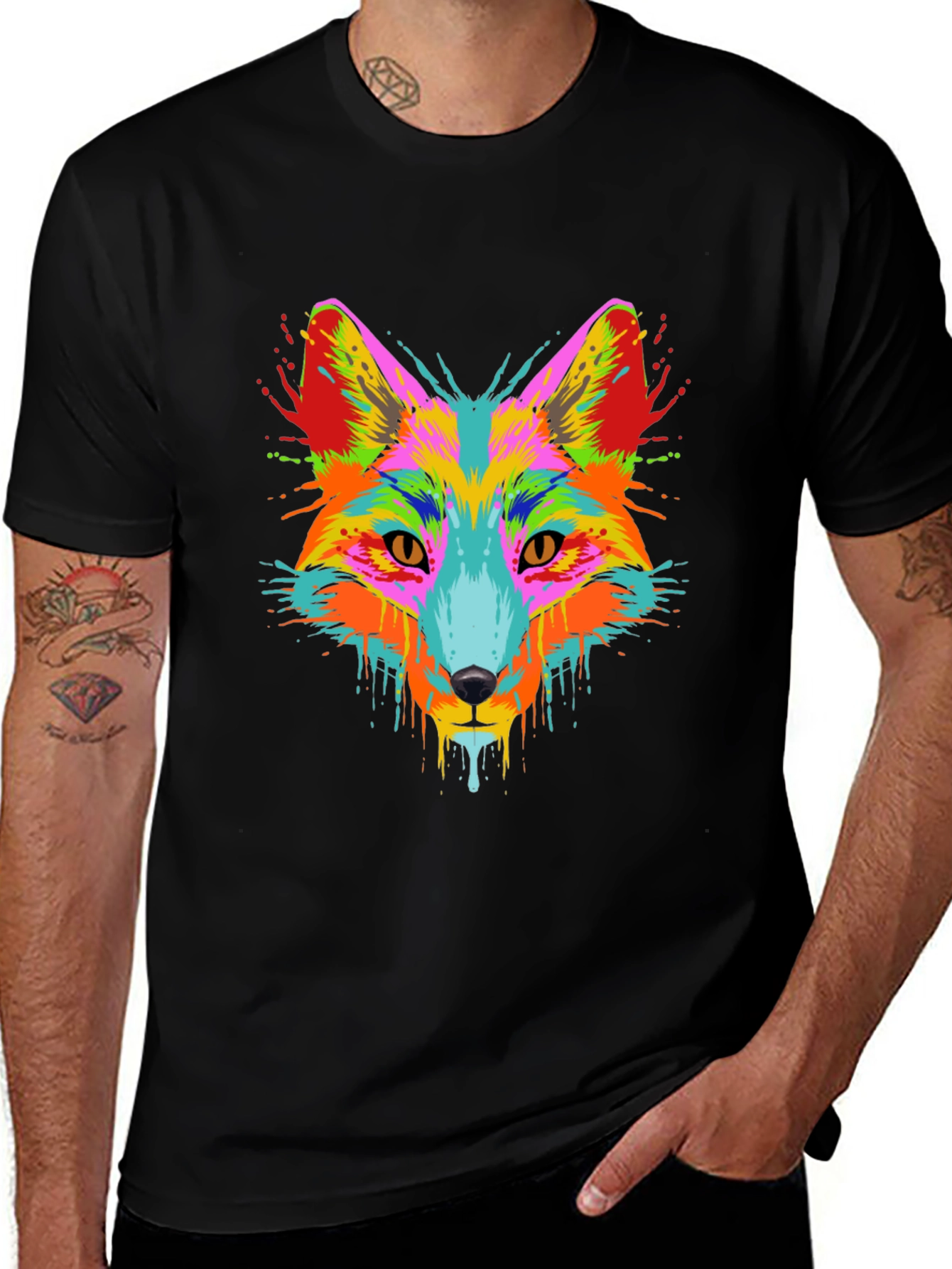 Vibrant Fox Head Graphic Black T-Shirt