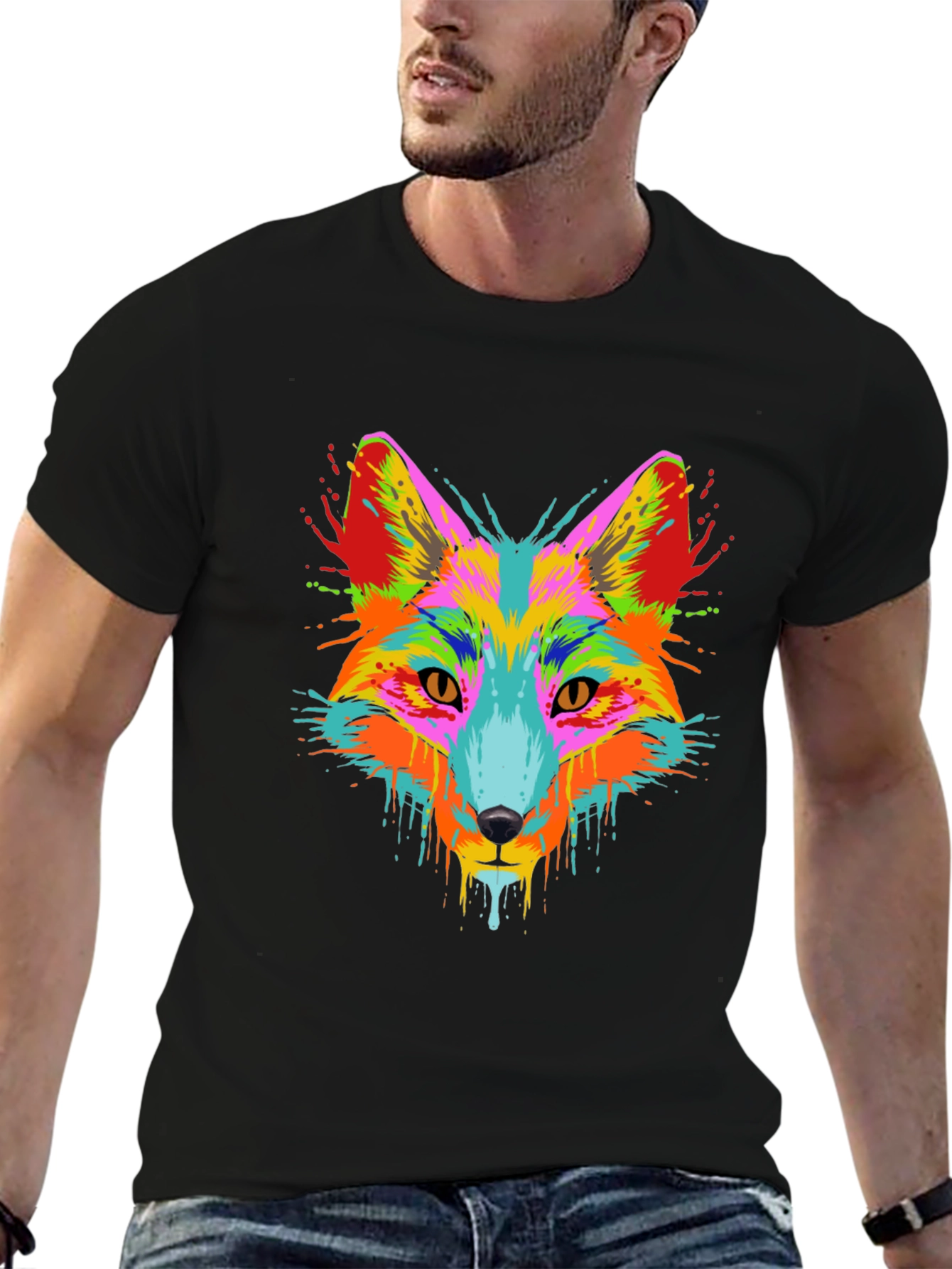 Vibrant Fox Head Graphic Black T-Shirt