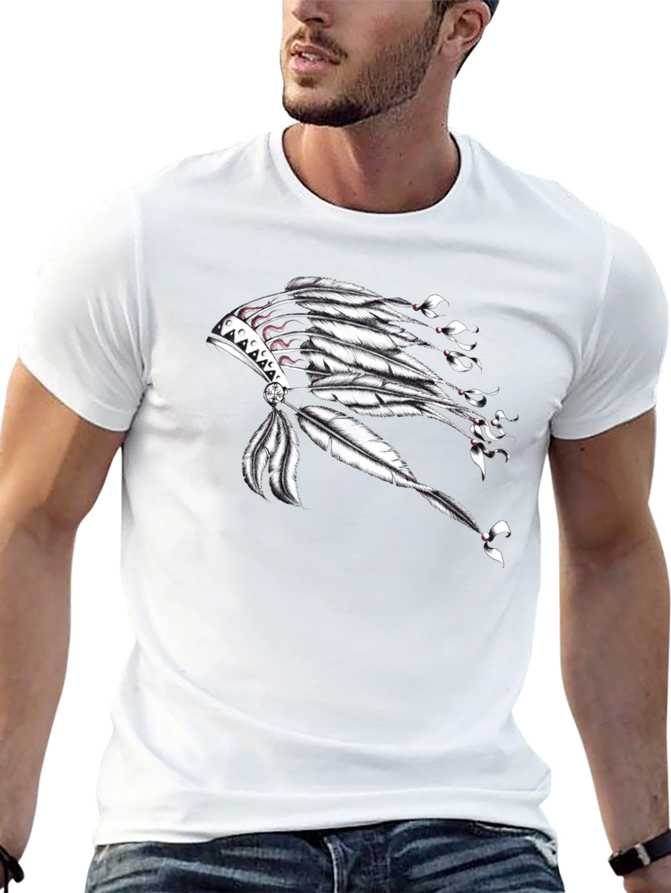 Black Graphic T-Shirt with Native American Headdress Design