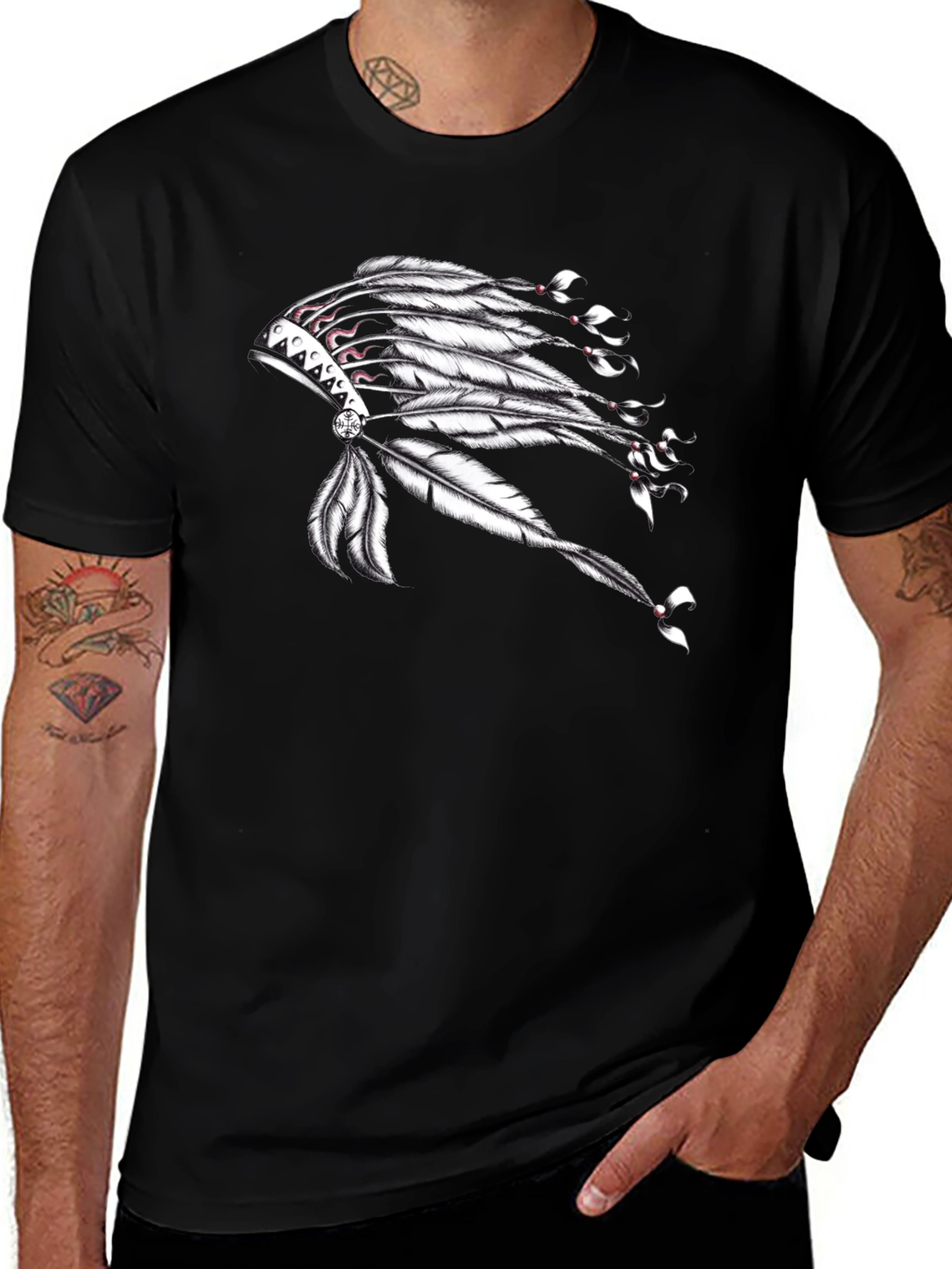 Black Graphic T-Shirt with Native American Headdress Design