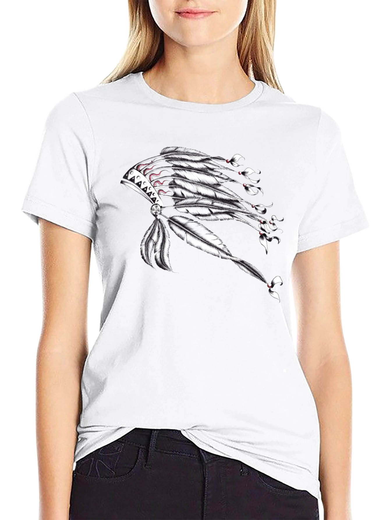 Black Graphic T-Shirt with Native American Headdress Design
