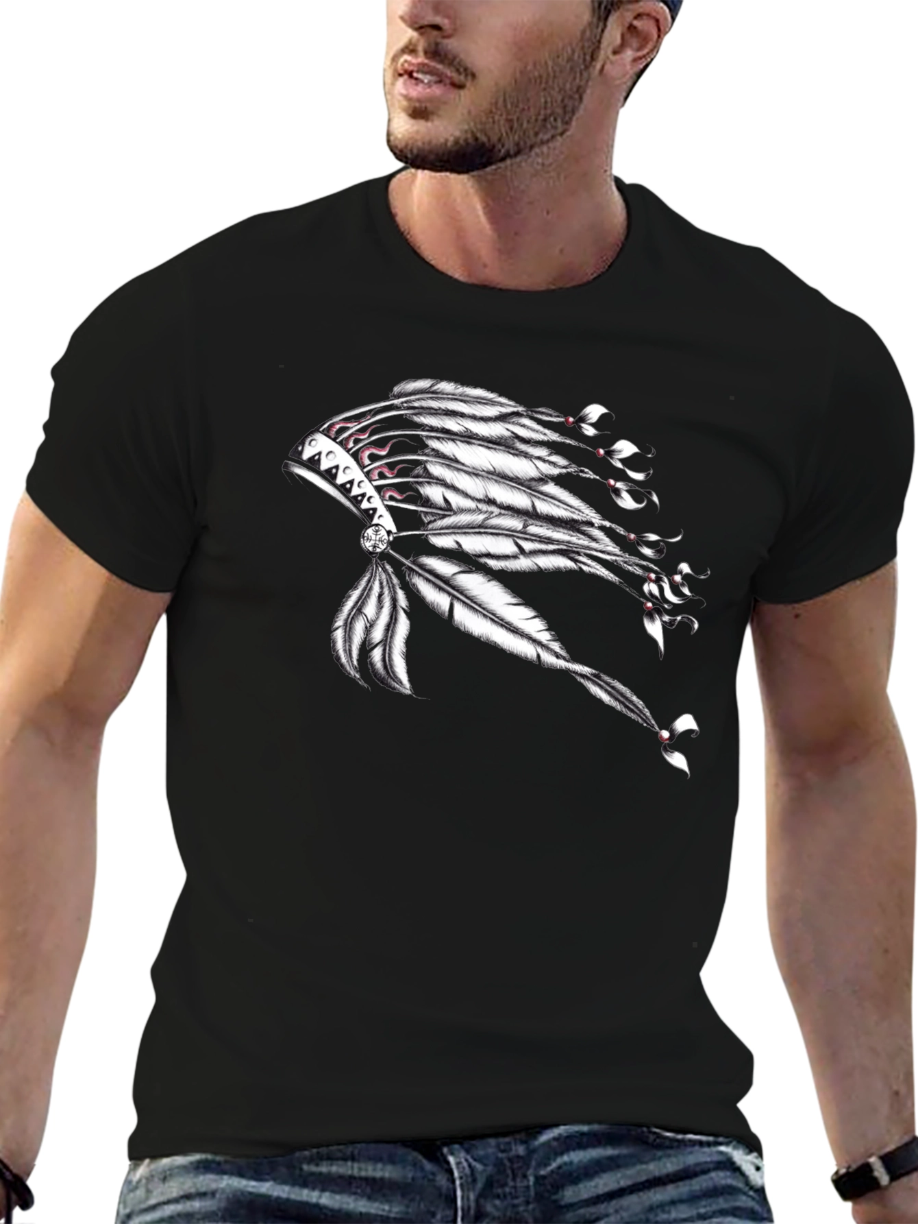 Black Graphic T-Shirt with Native American Headdress Design