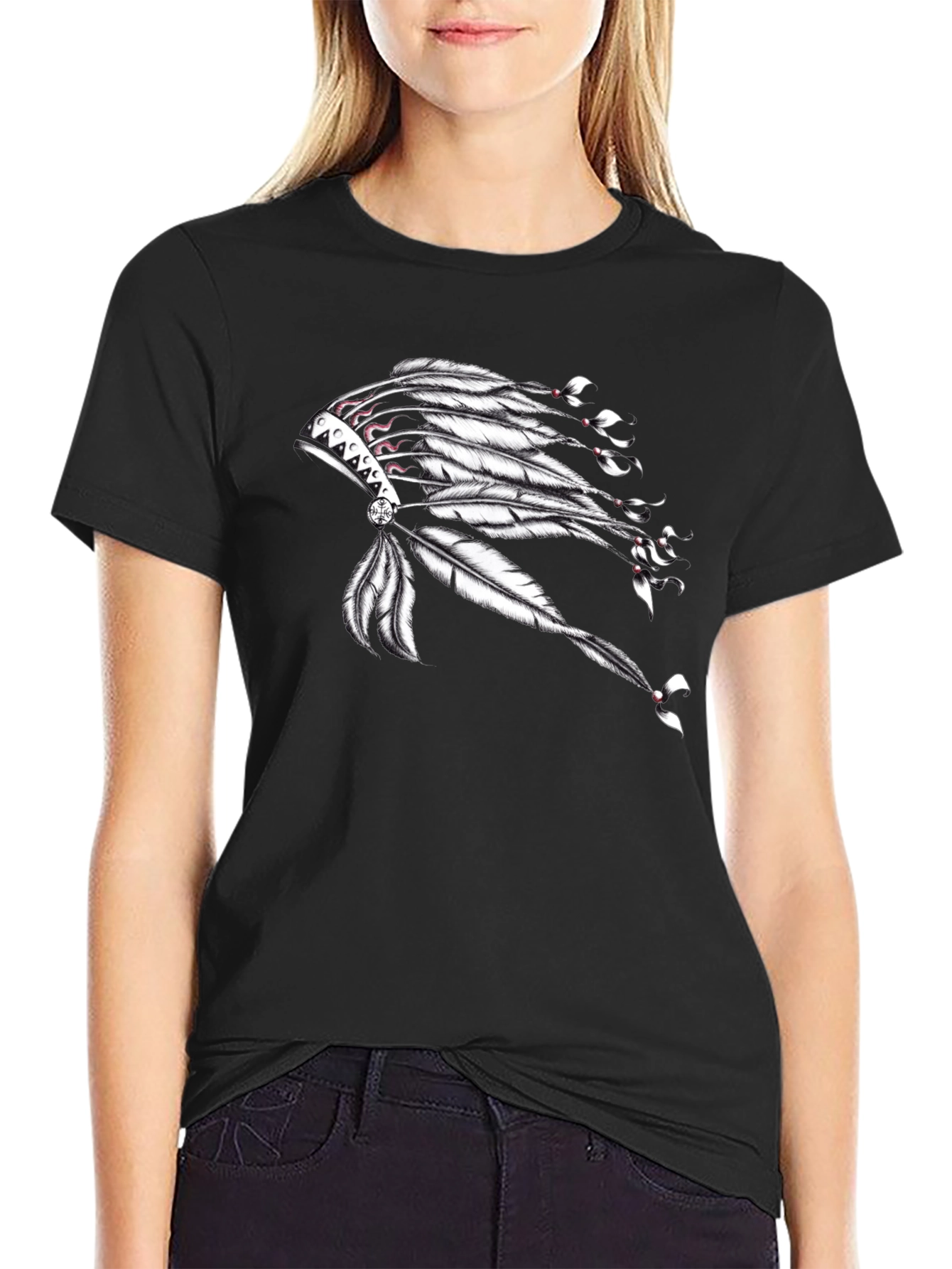 Black Graphic T-Shirt with Native American Headdress Design
