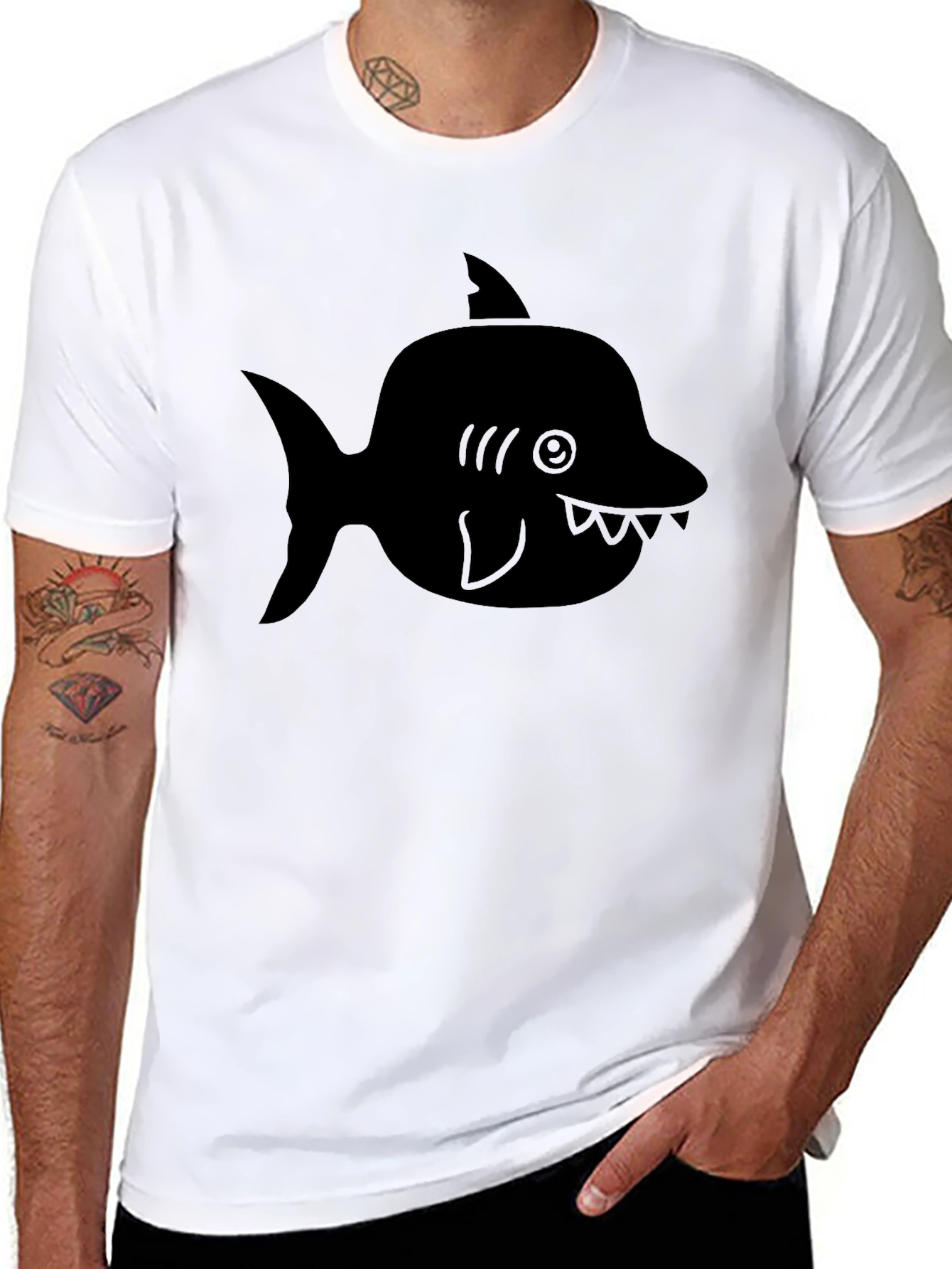 Cartoon Shark Graphic Tee - Black Cotton T-Shirt