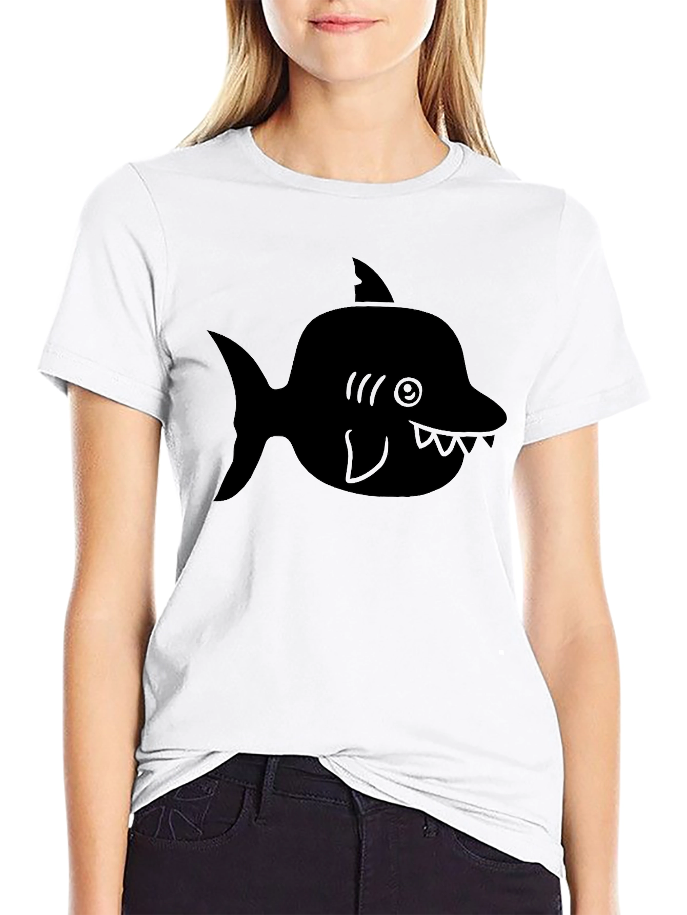Cartoon Shark Graphic Tee - Black Cotton T-Shirt