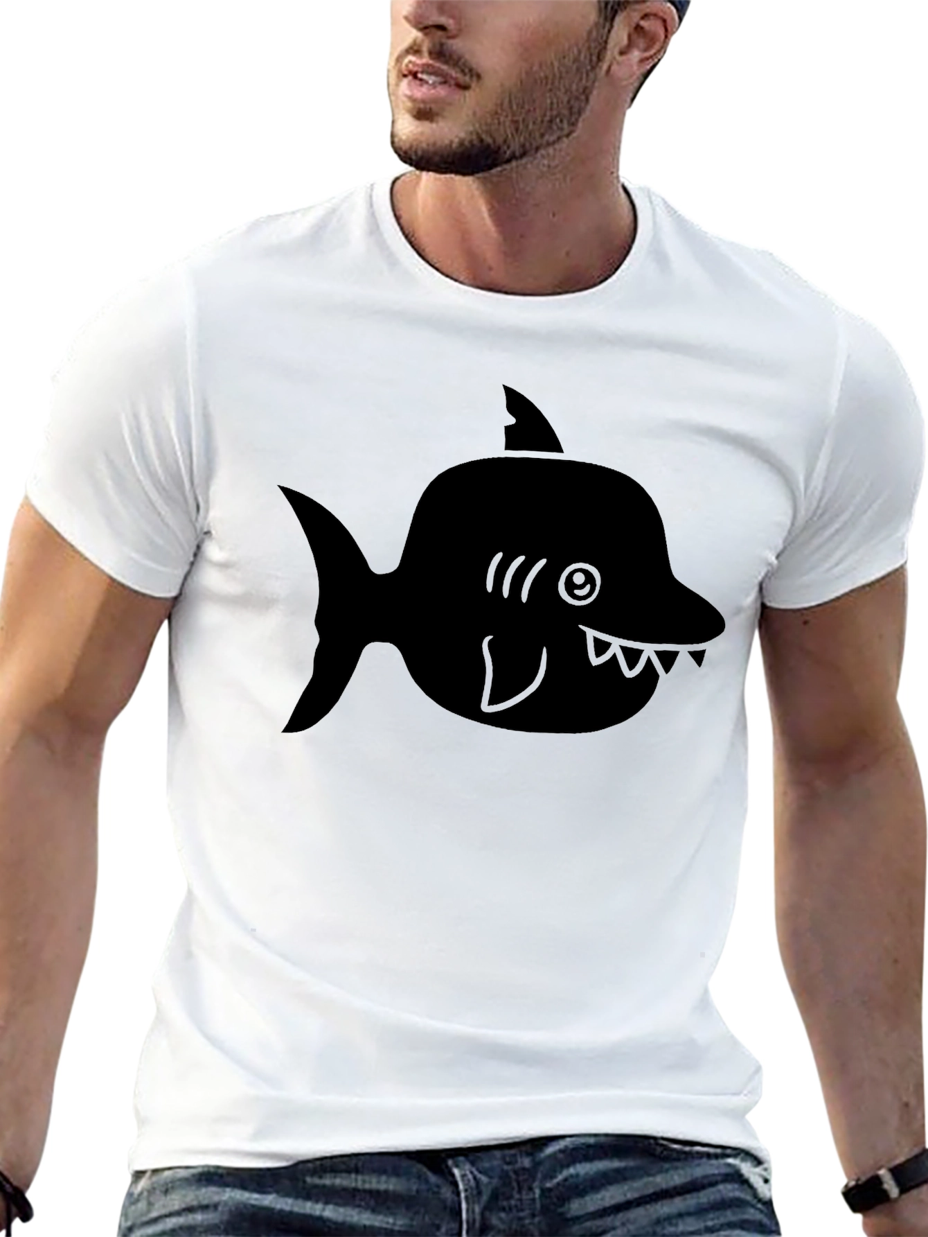 Cartoon Shark Graphic Tee - Black Cotton T-Shirt