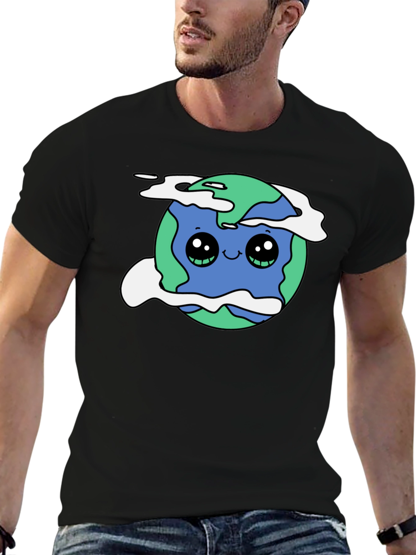 Cute Earth Graphic Black T-Shirt