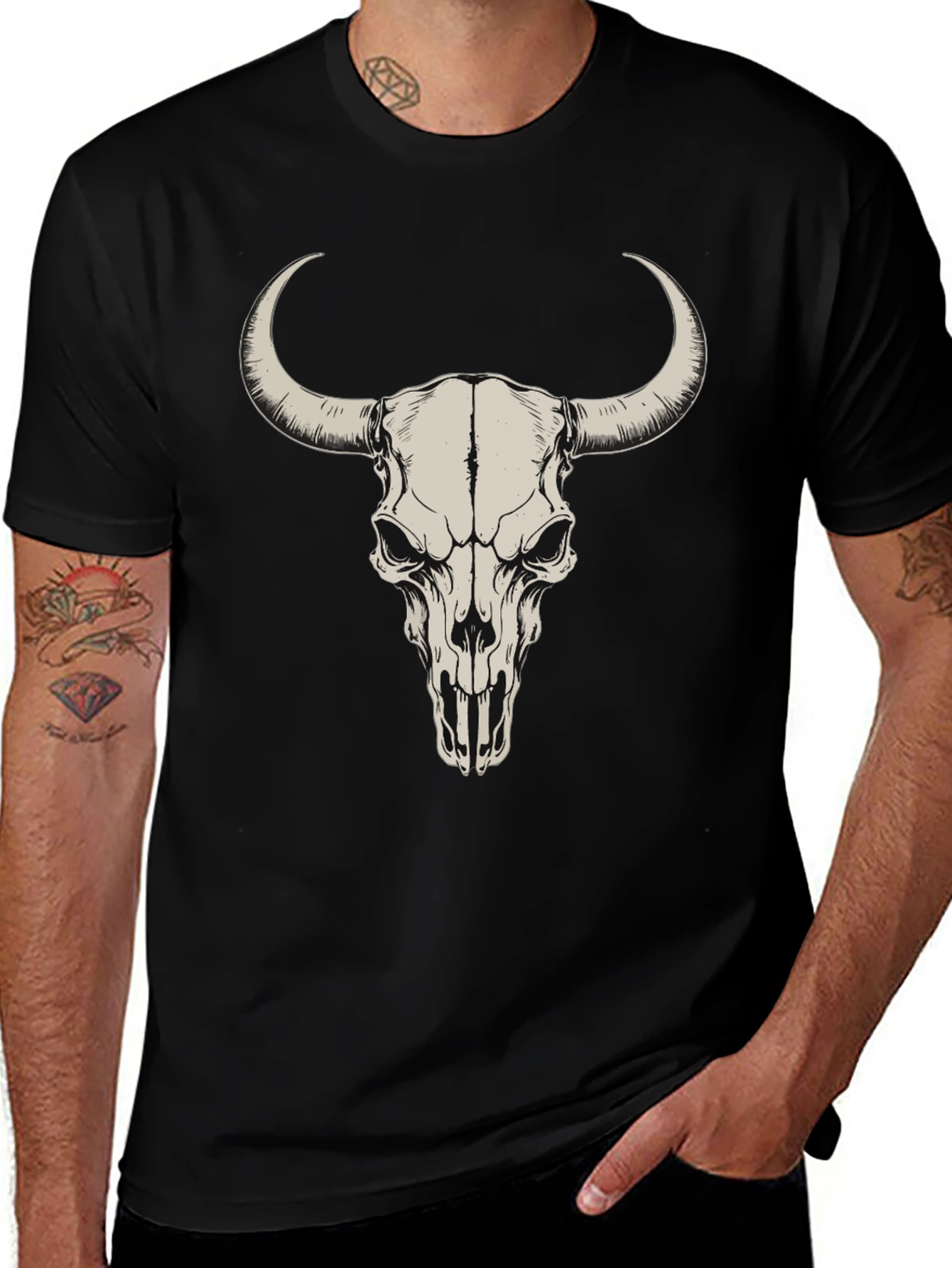 Bull Skull Graphic Tee - Black Cotton T-Shirt
