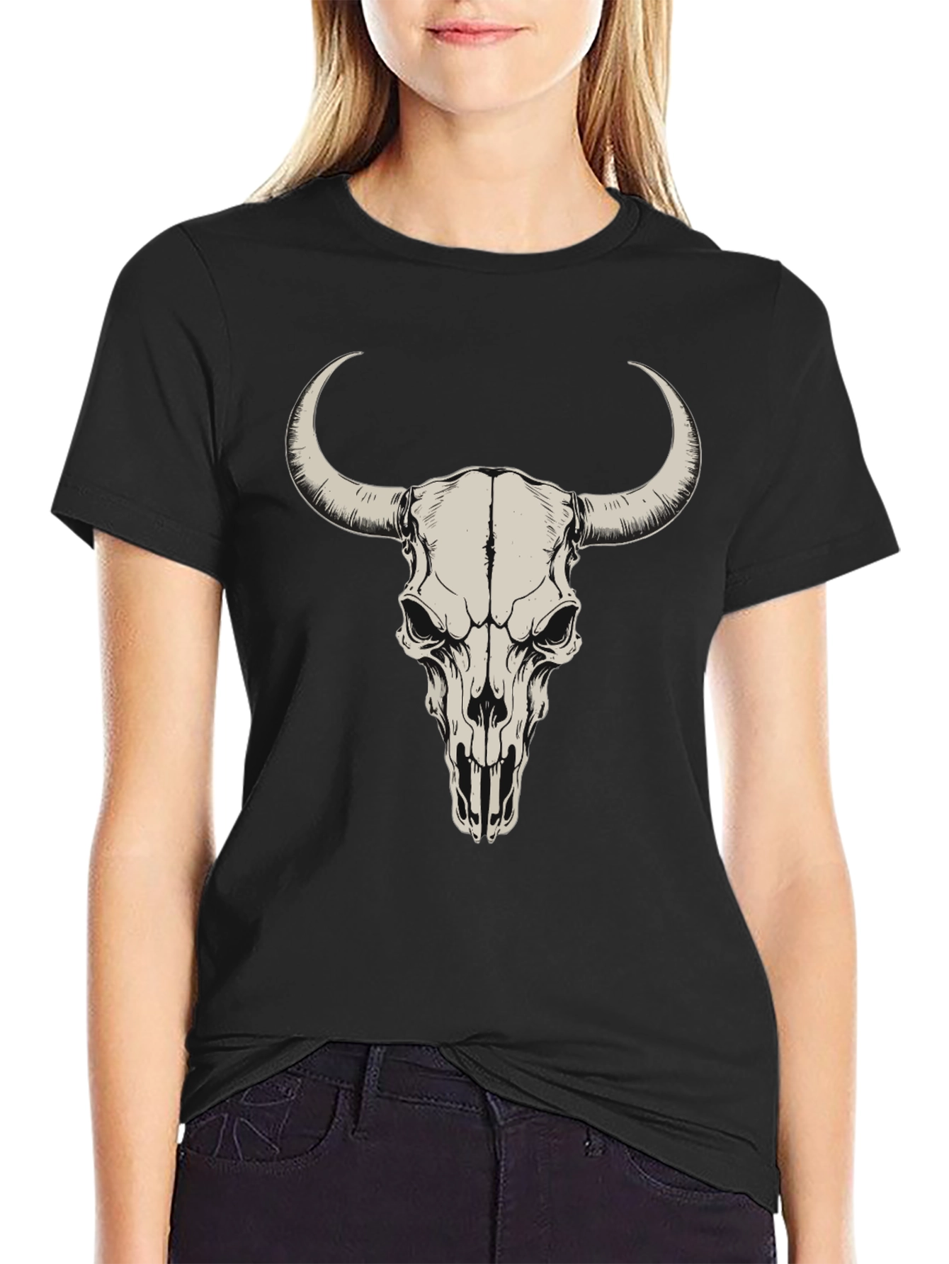 Bull Skull Graphic Tee - Black Cotton T-Shirt