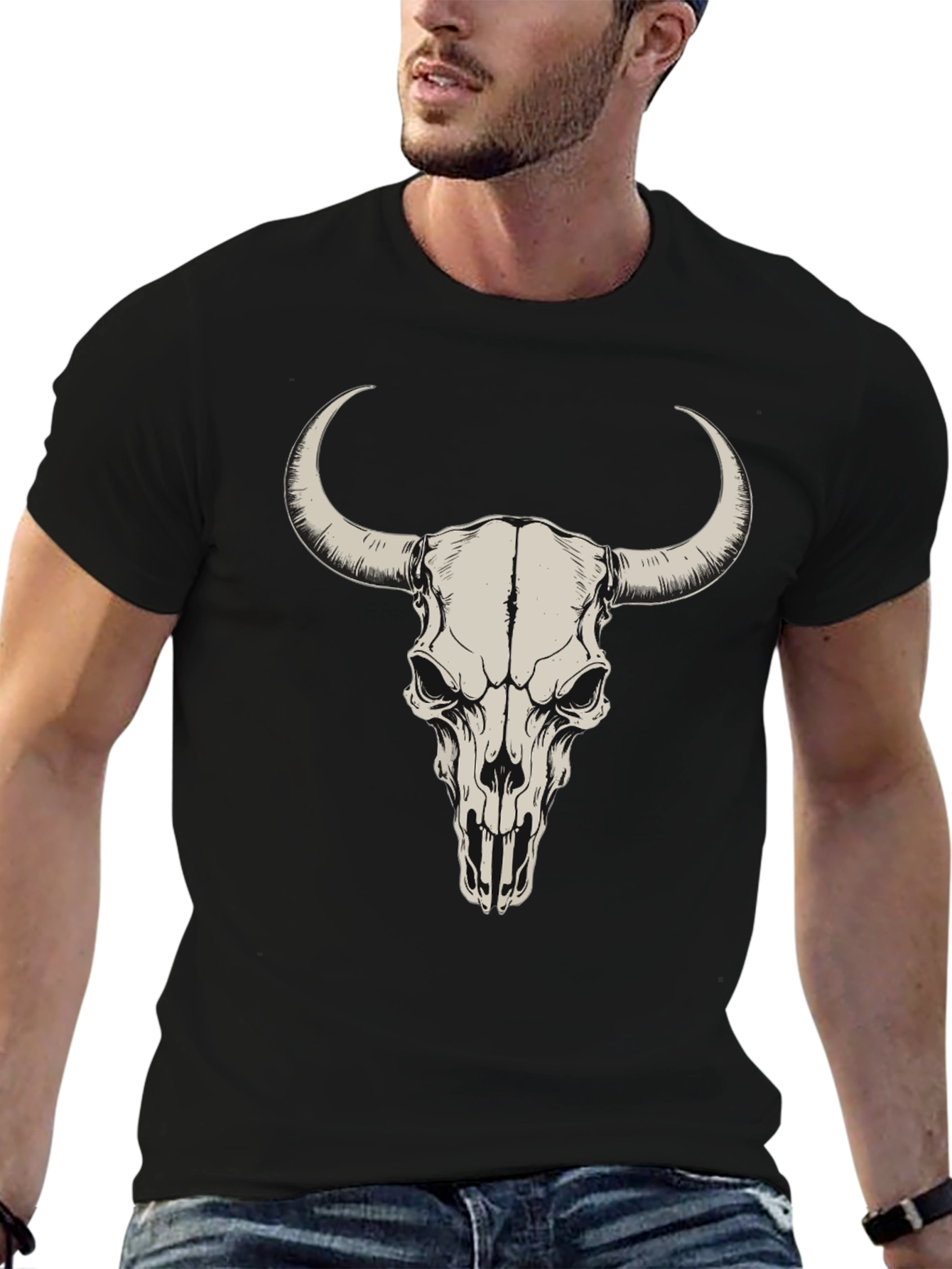 Bull Skull Graphic Tee - Black Cotton T-Shirt