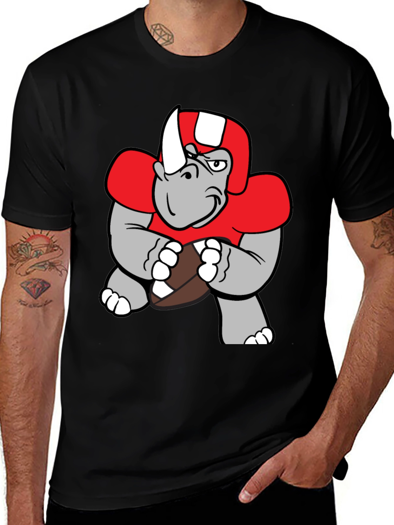 Rhino Football Player T-Shirt - Unique Cartoon Design