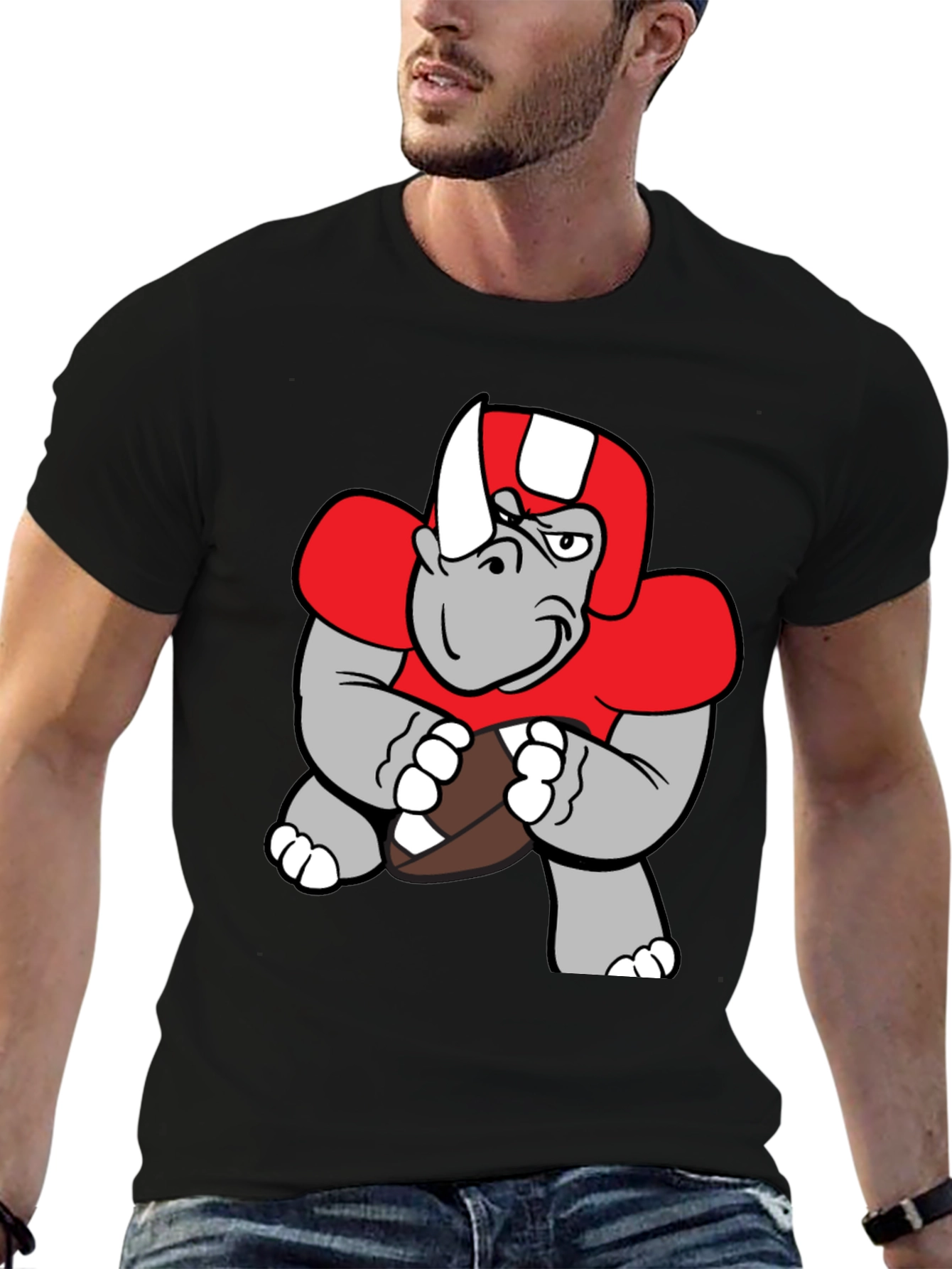 Rhino Football Player T-Shirt - Unique Cartoon Design