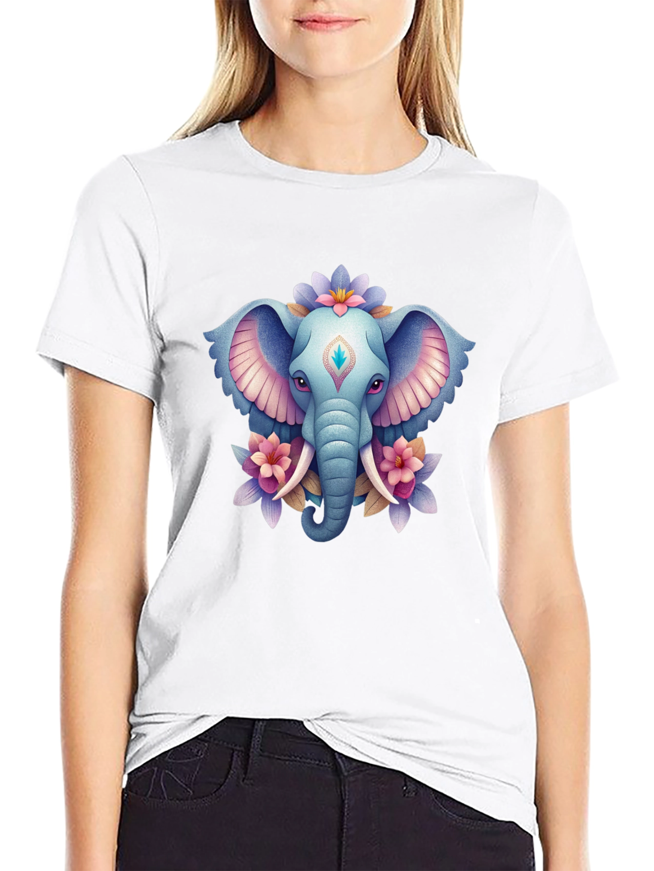 Elephant & Floral Graphic T-Shirt - Black