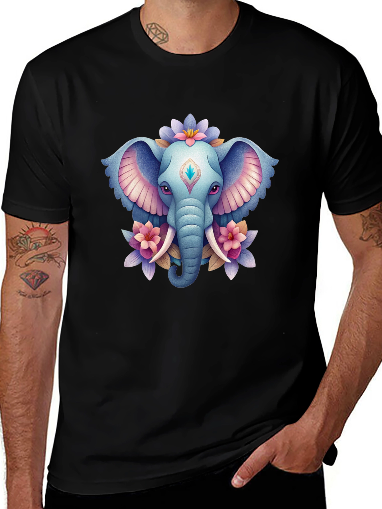 Elephant & Floral Graphic T-Shirt - Black