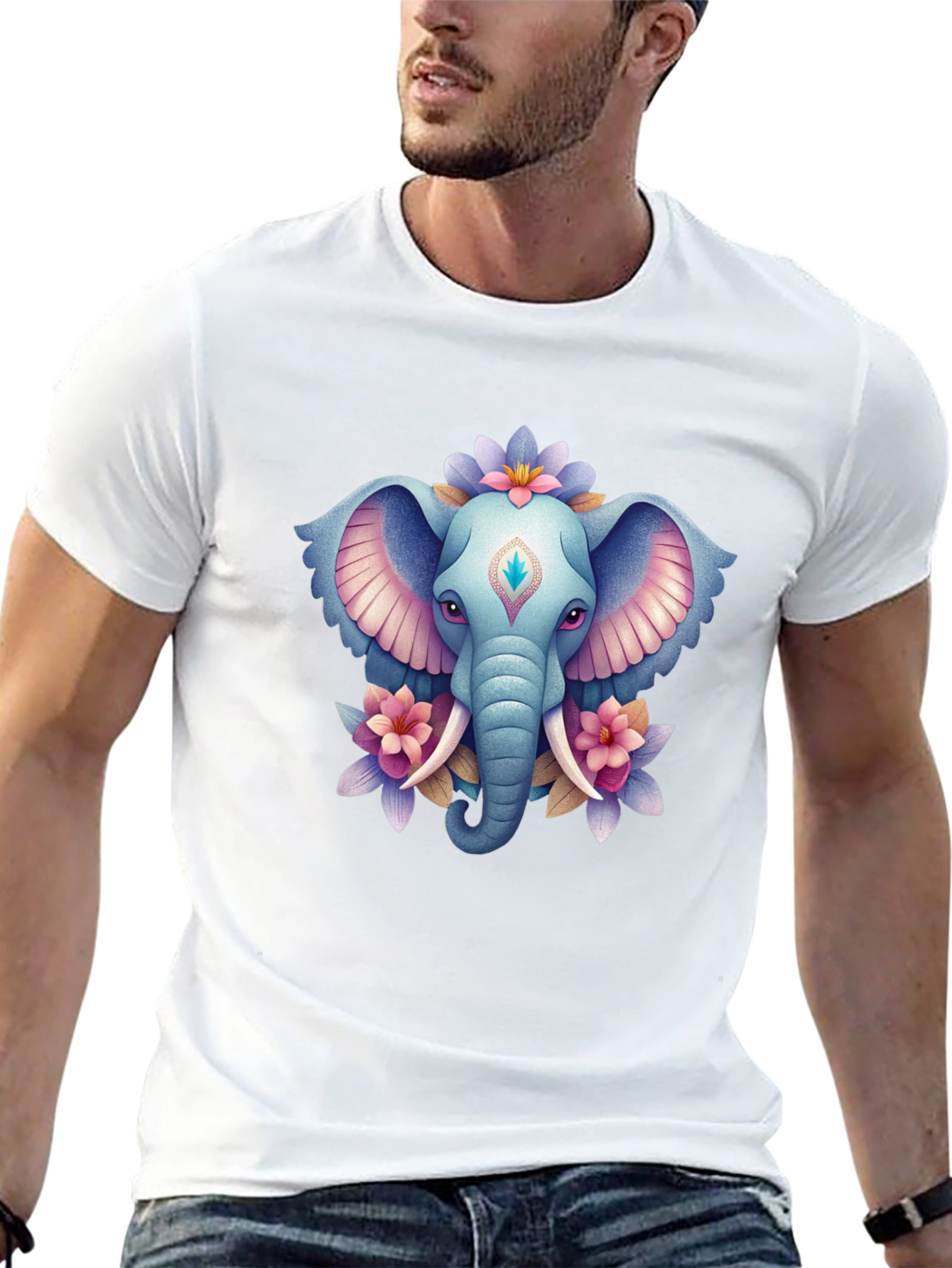 Elephant & Floral Graphic T-Shirt - Black