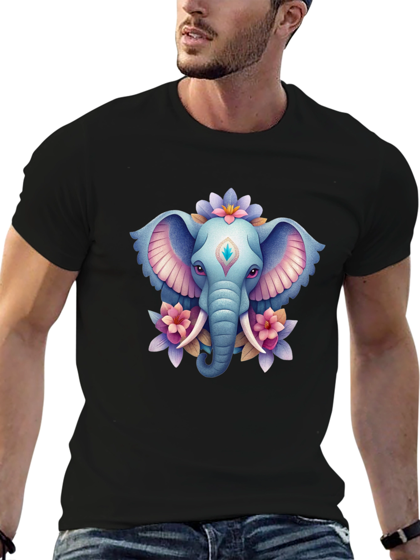 Elephant & Floral Graphic T-Shirt - Black
