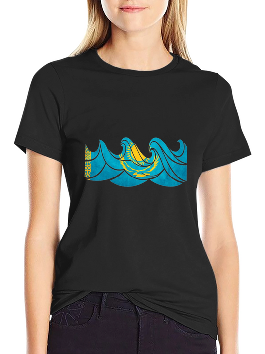 Kazakhstan Flag Wave Graphic Black T-Shirt