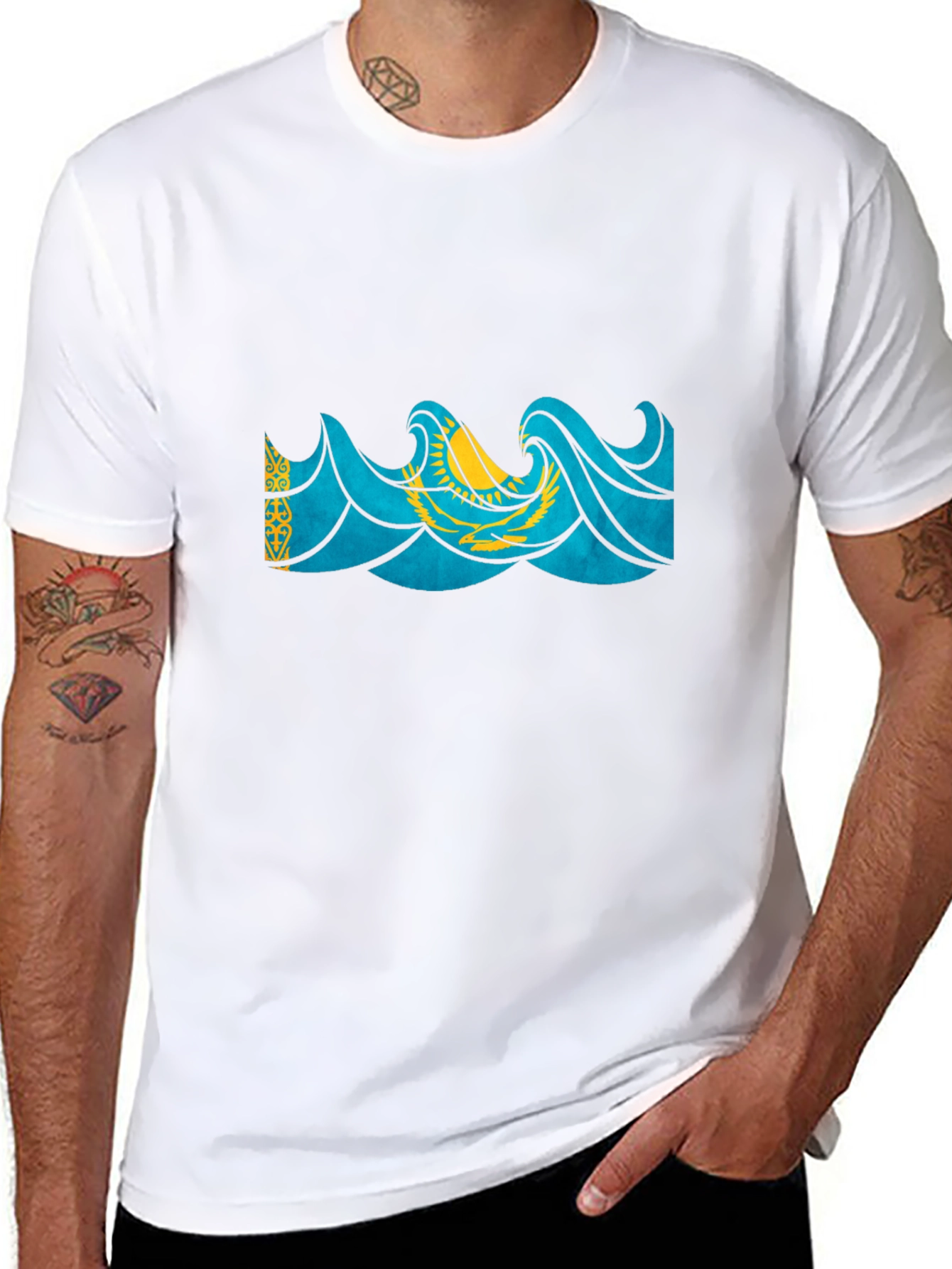 Kazakhstan Flag Wave Graphic Black T-Shirt