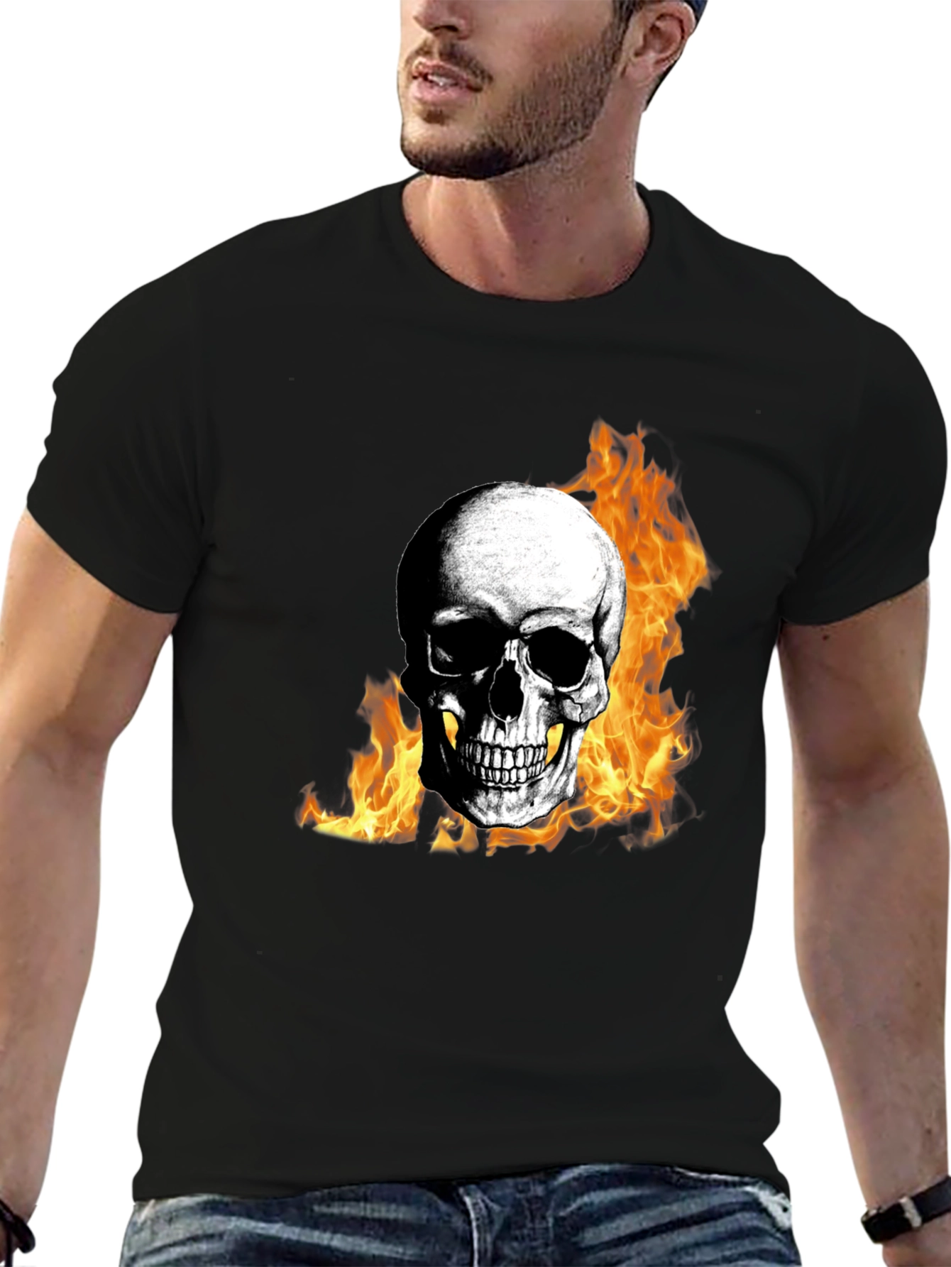 Skull on Fire Graphic Tee - Mens Black T-Shirt