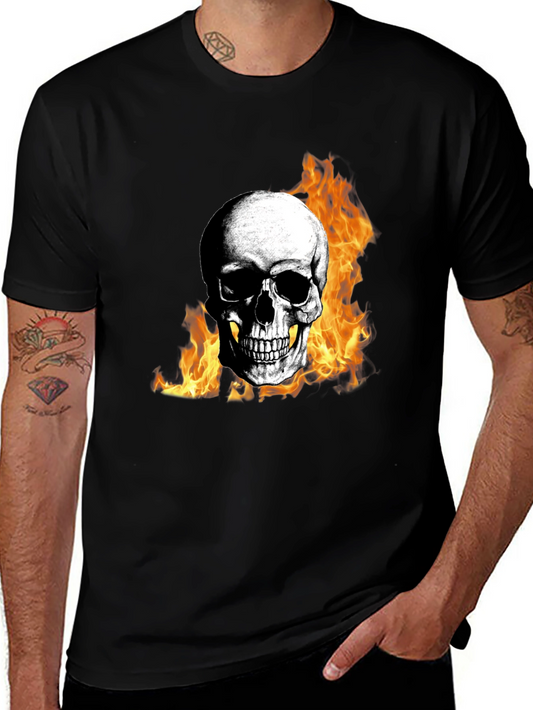 Skull on Fire Graphic Tee - Mens Black T-Shirt