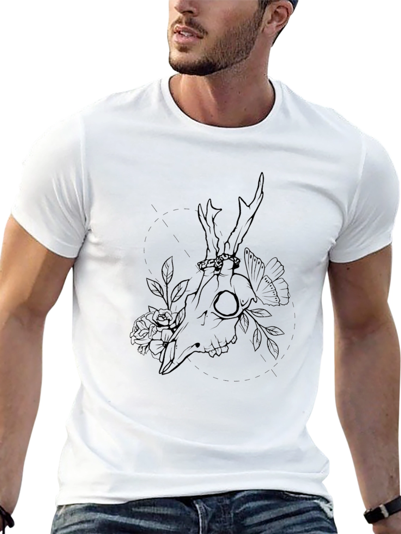 Deer Skull Floral Graphic Tee - Black Cotton