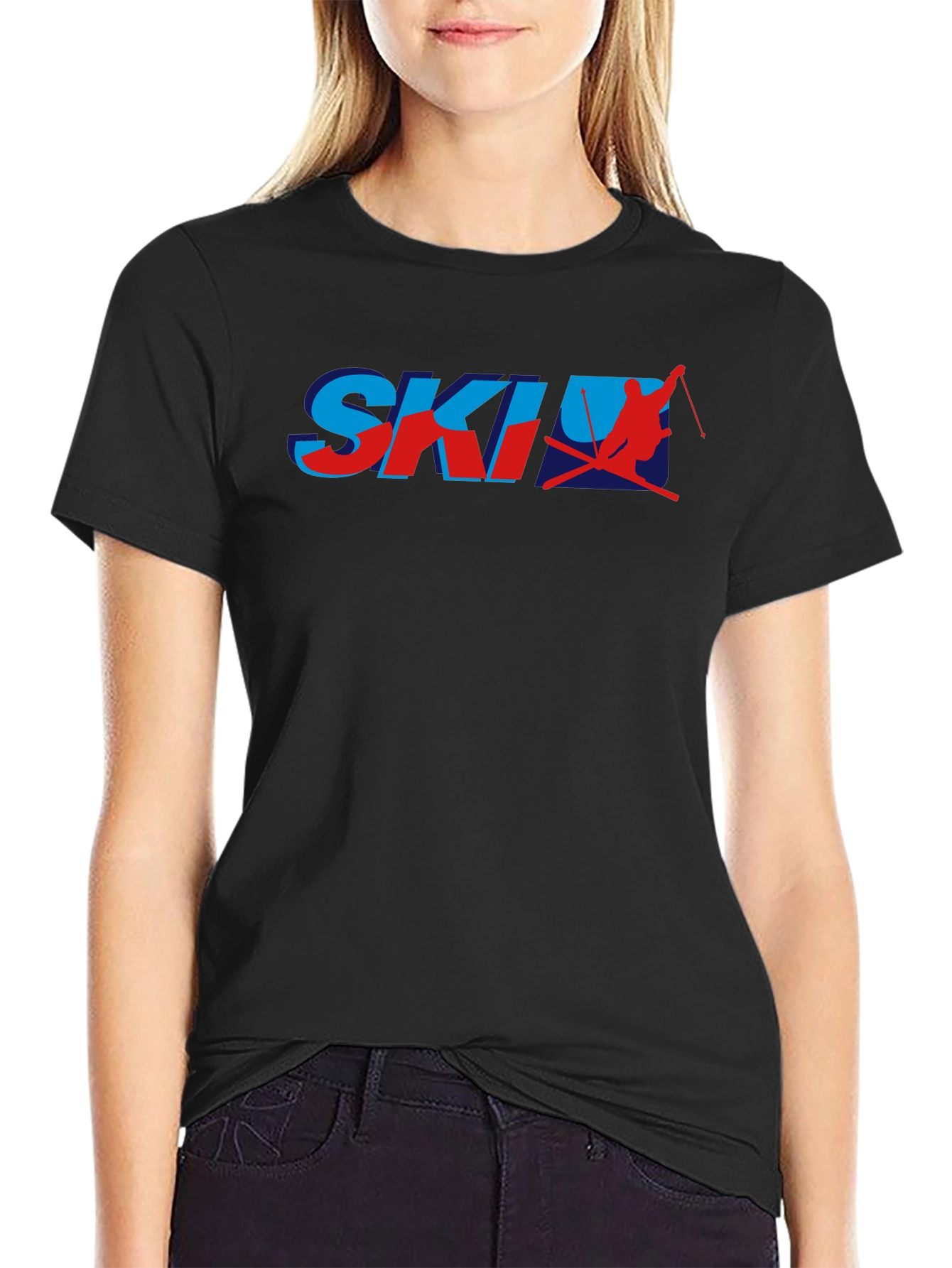 Retro Ski Graphic T-Shirt - Blue and Red Print
