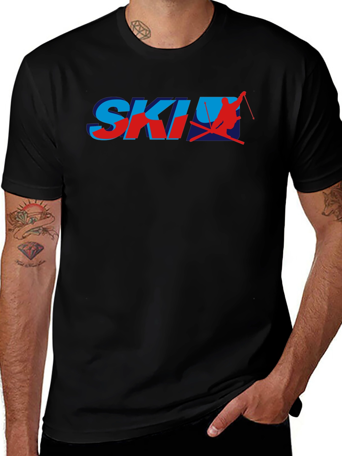 Retro Ski Graphic T-Shirt - Blue and Red Print
