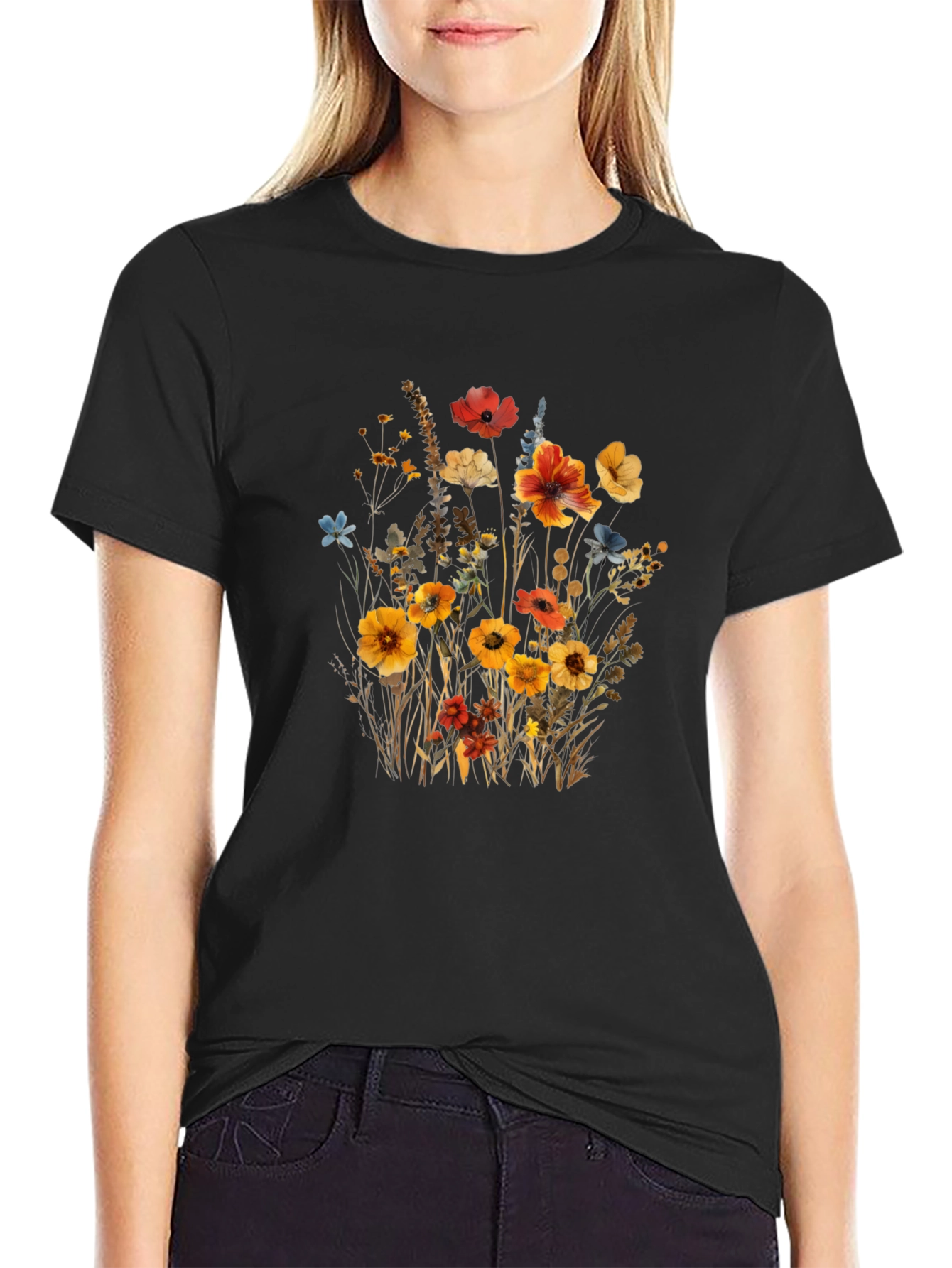 Floral Print Black T-Shirt - Nature Inspired Style