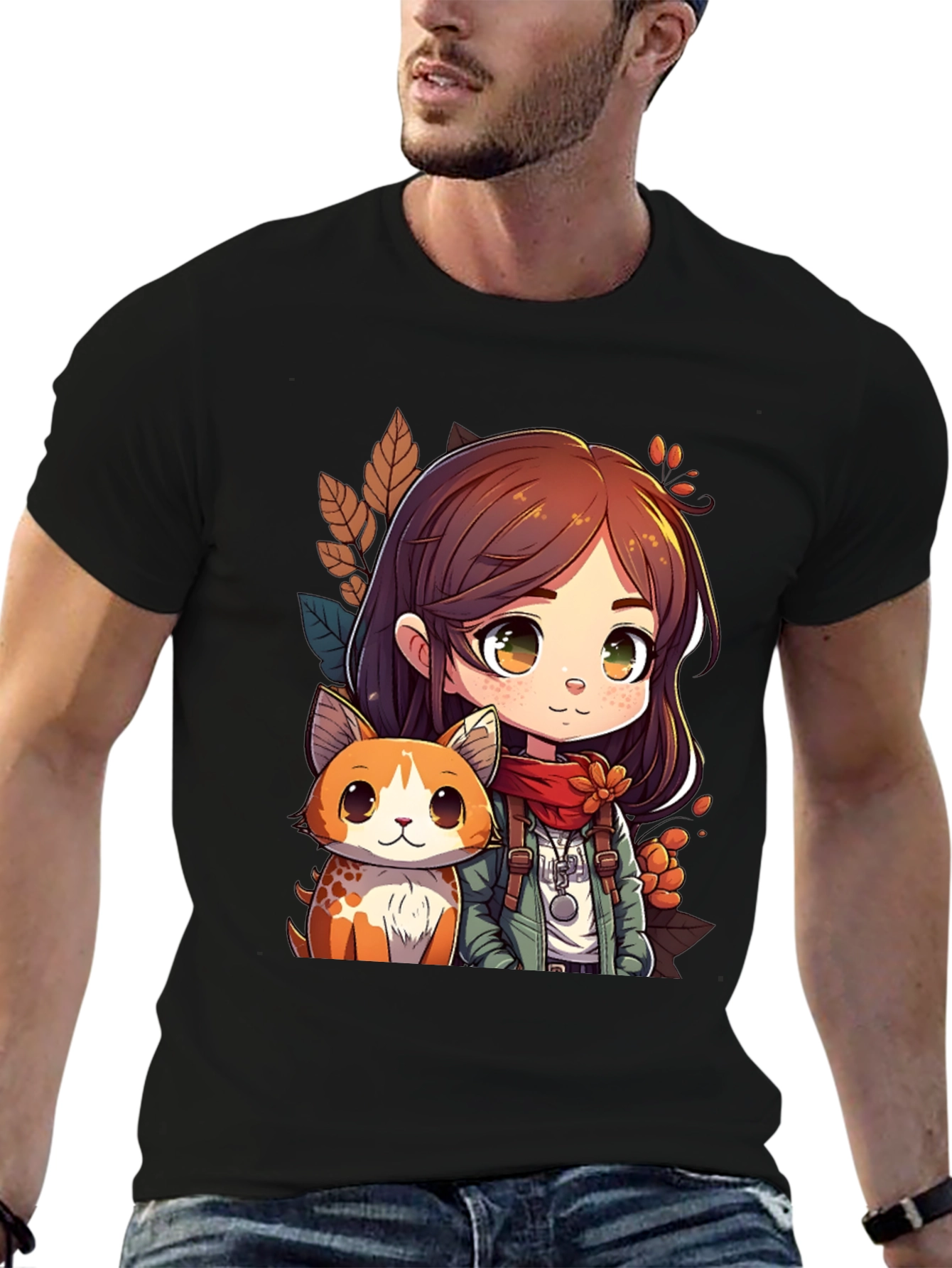 Anime Girl & Cat Black T-Shirt