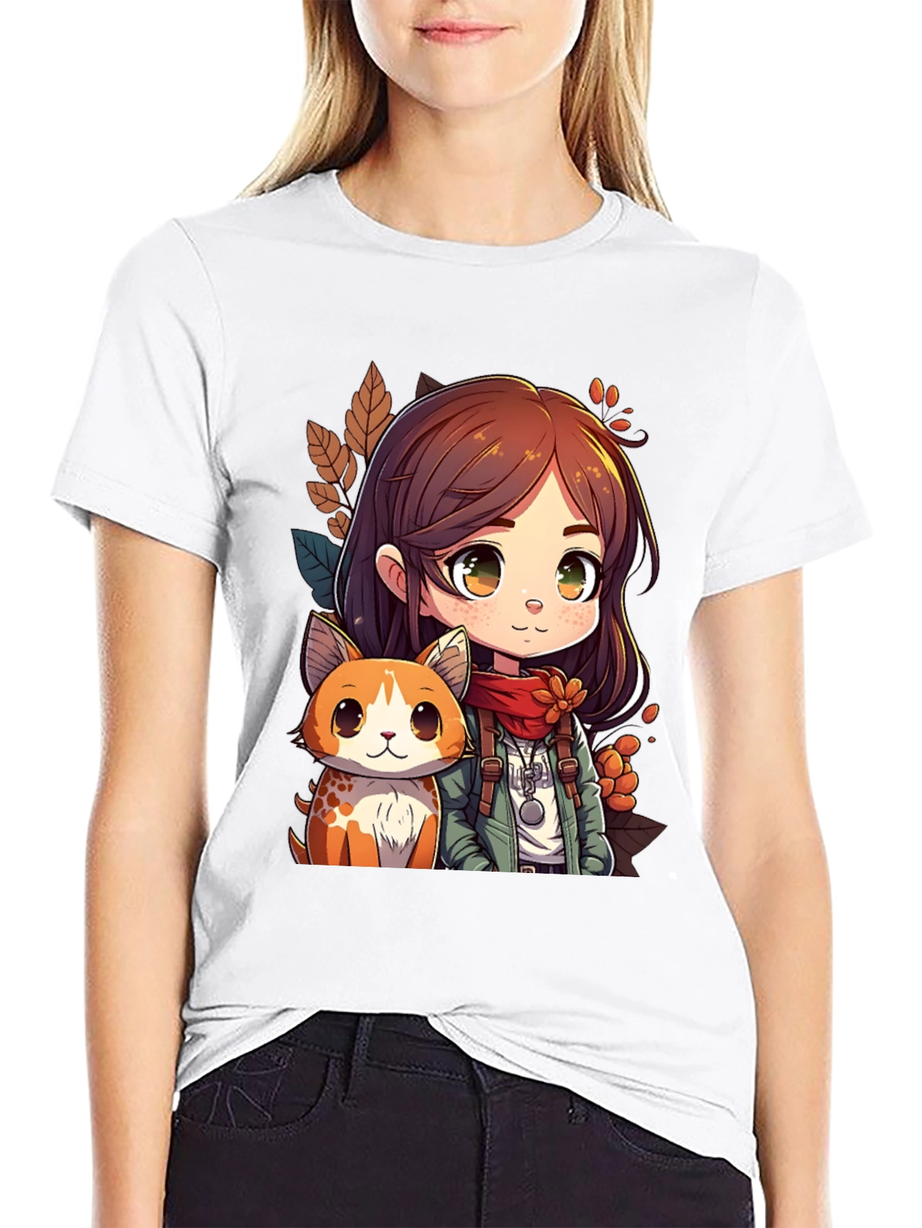Anime Girl & Cat Black T-Shirt