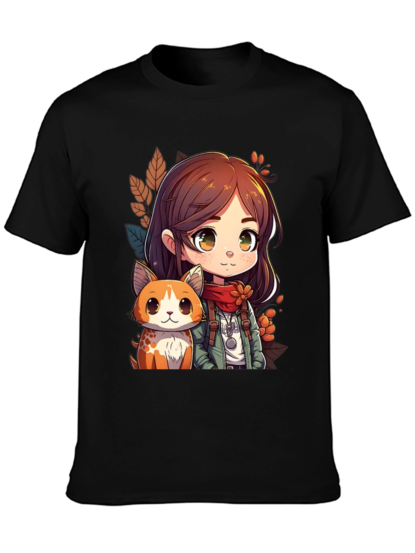 Anime Girl & Cat Black T-Shirt