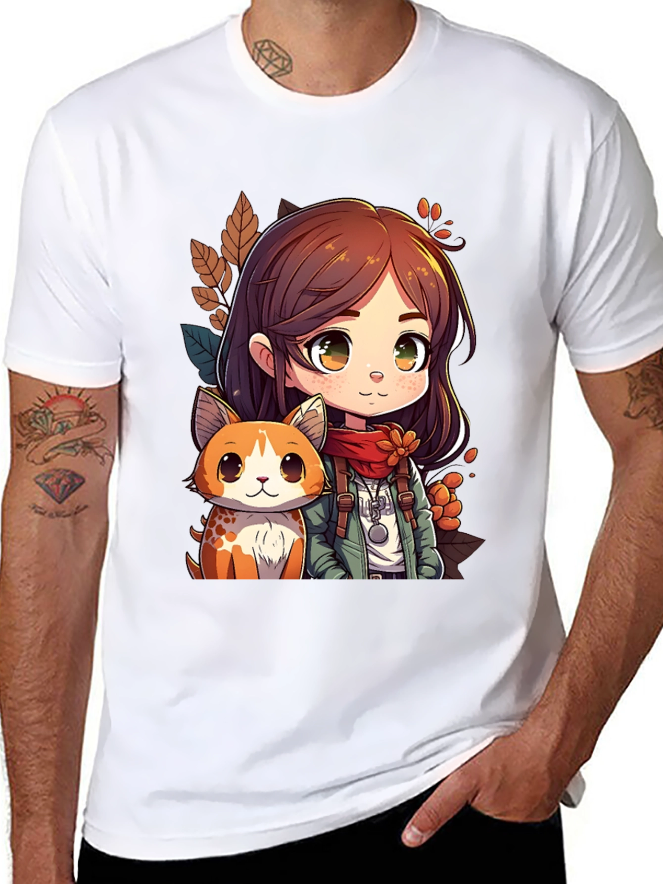 Anime Girl & Cat Black T-Shirt