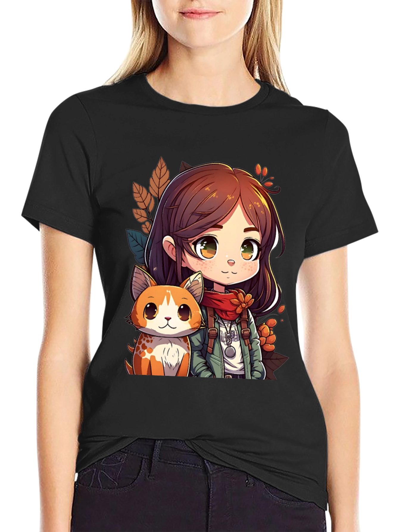 Anime Girl & Cat Black T-Shirt