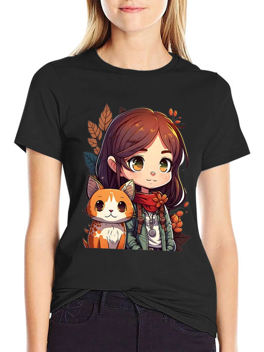 Anime Girl & Cat Black T-Shirt