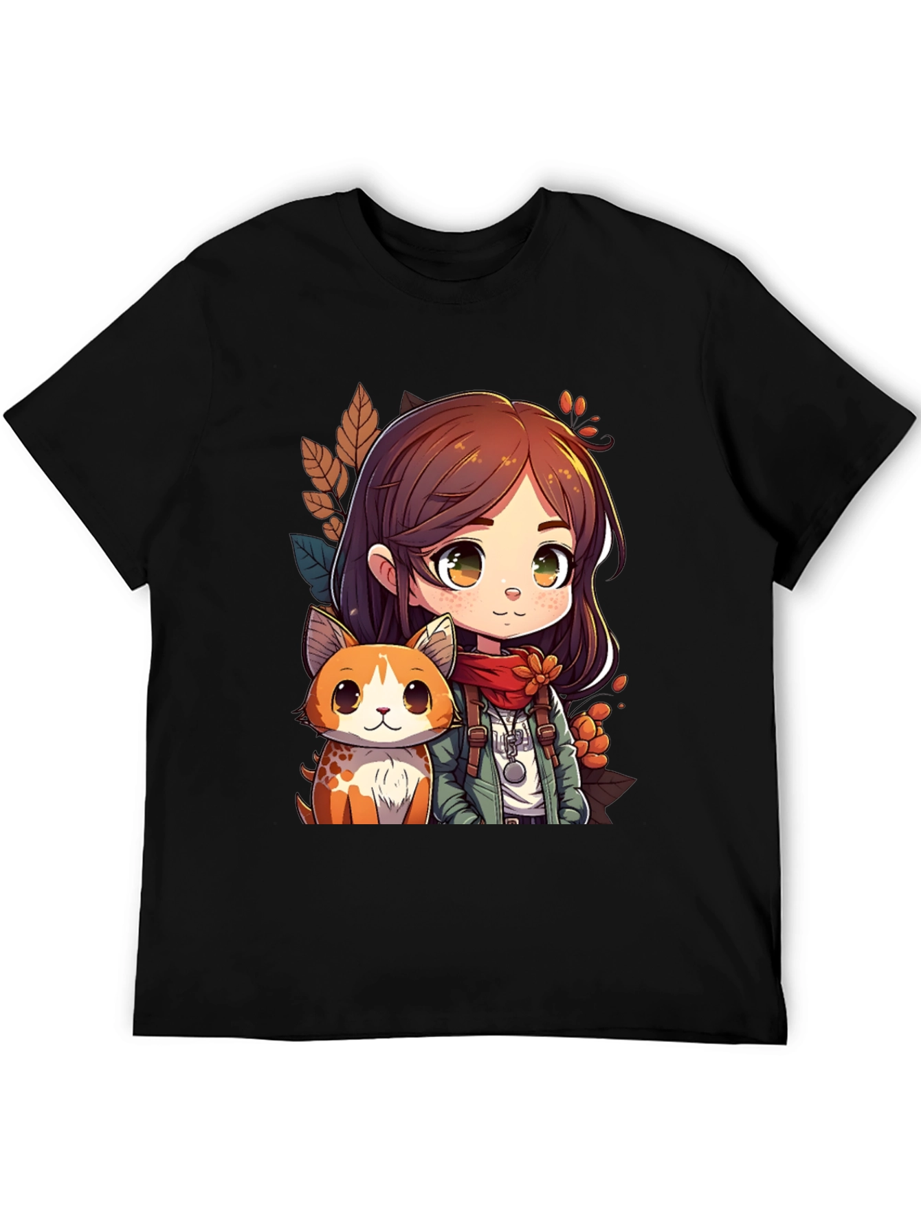 Anime Girl & Cat Black T-Shirt