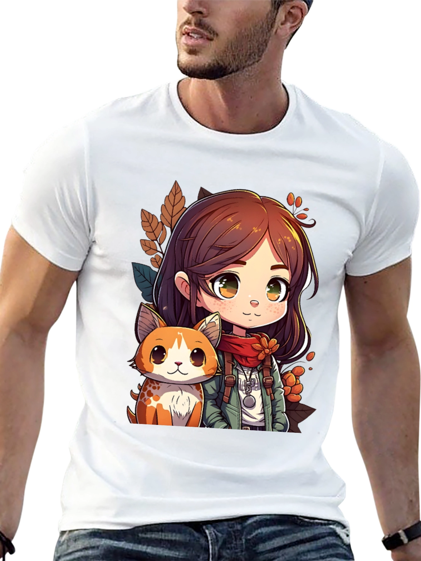 Anime Girl & Cat Black T-Shirt