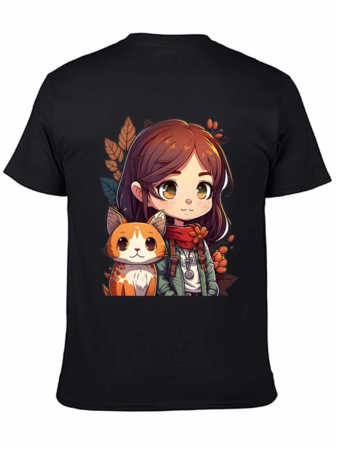Anime Girl & Cat Black T-Shirt