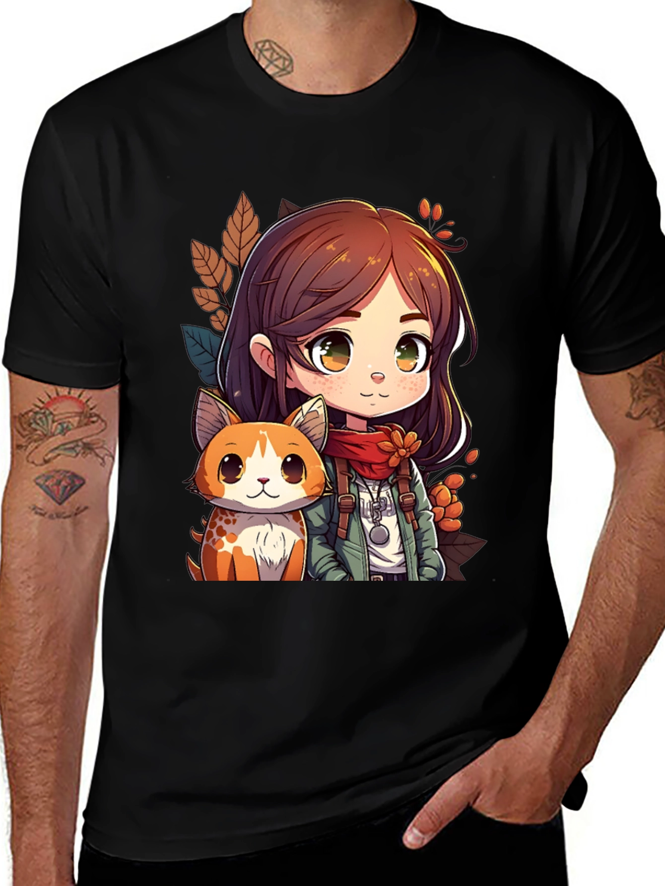 Anime Girl & Cat Black T-Shirt