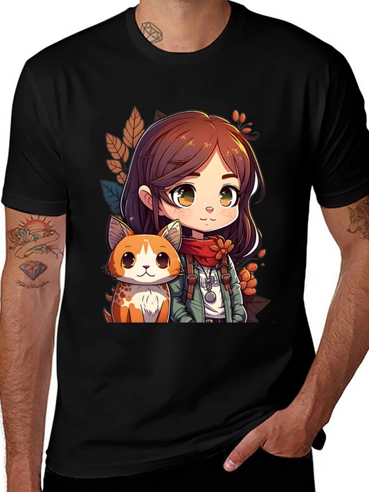 Anime Girl & Cat Black T-Shirt