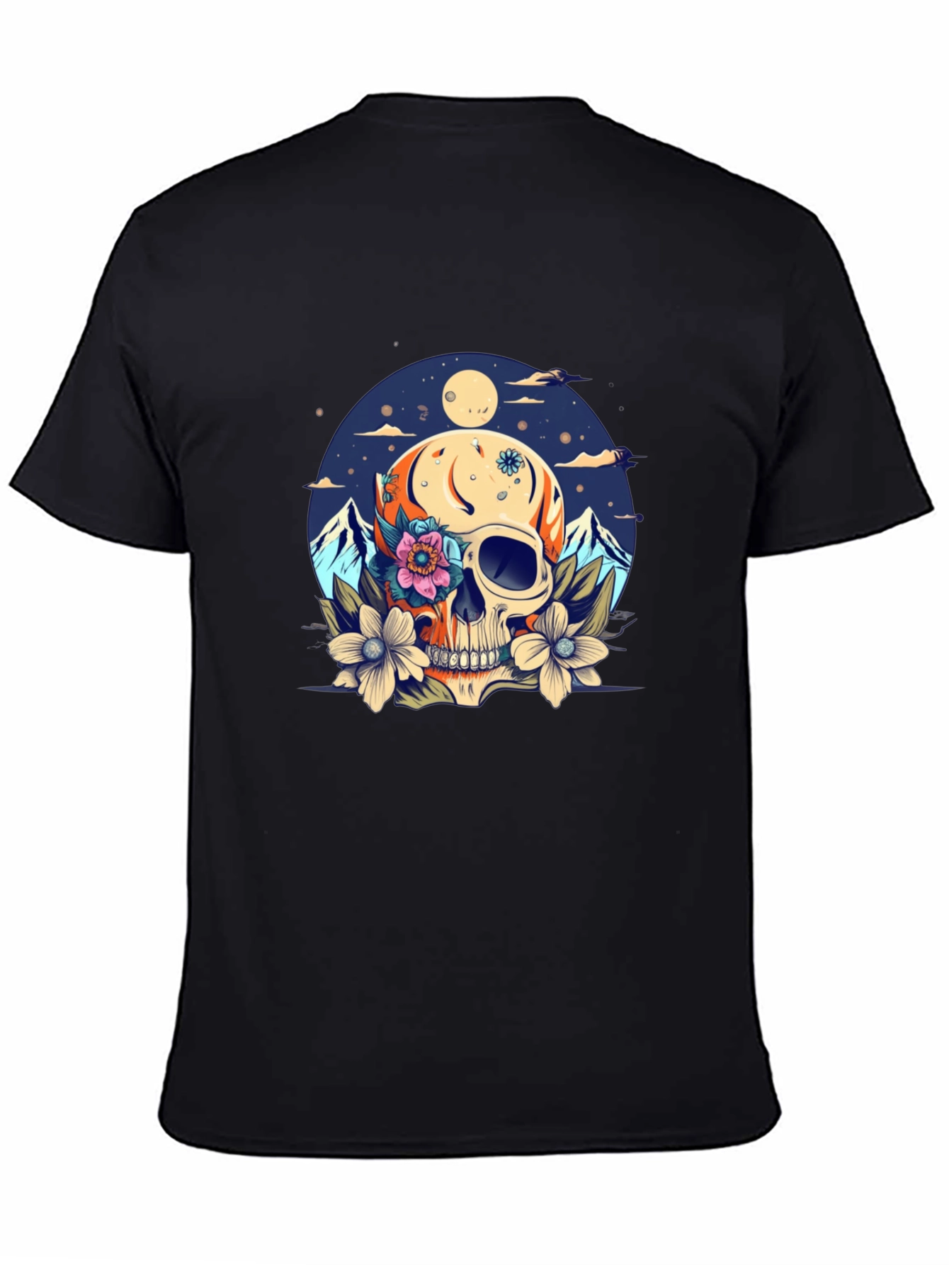 Skull & Flowers Graphic Tee - Black Cotton T-Shirt
