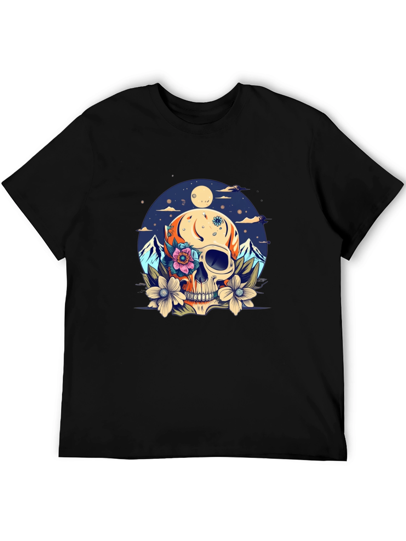 Skull & Flowers Graphic Tee - Black Cotton T-Shirt