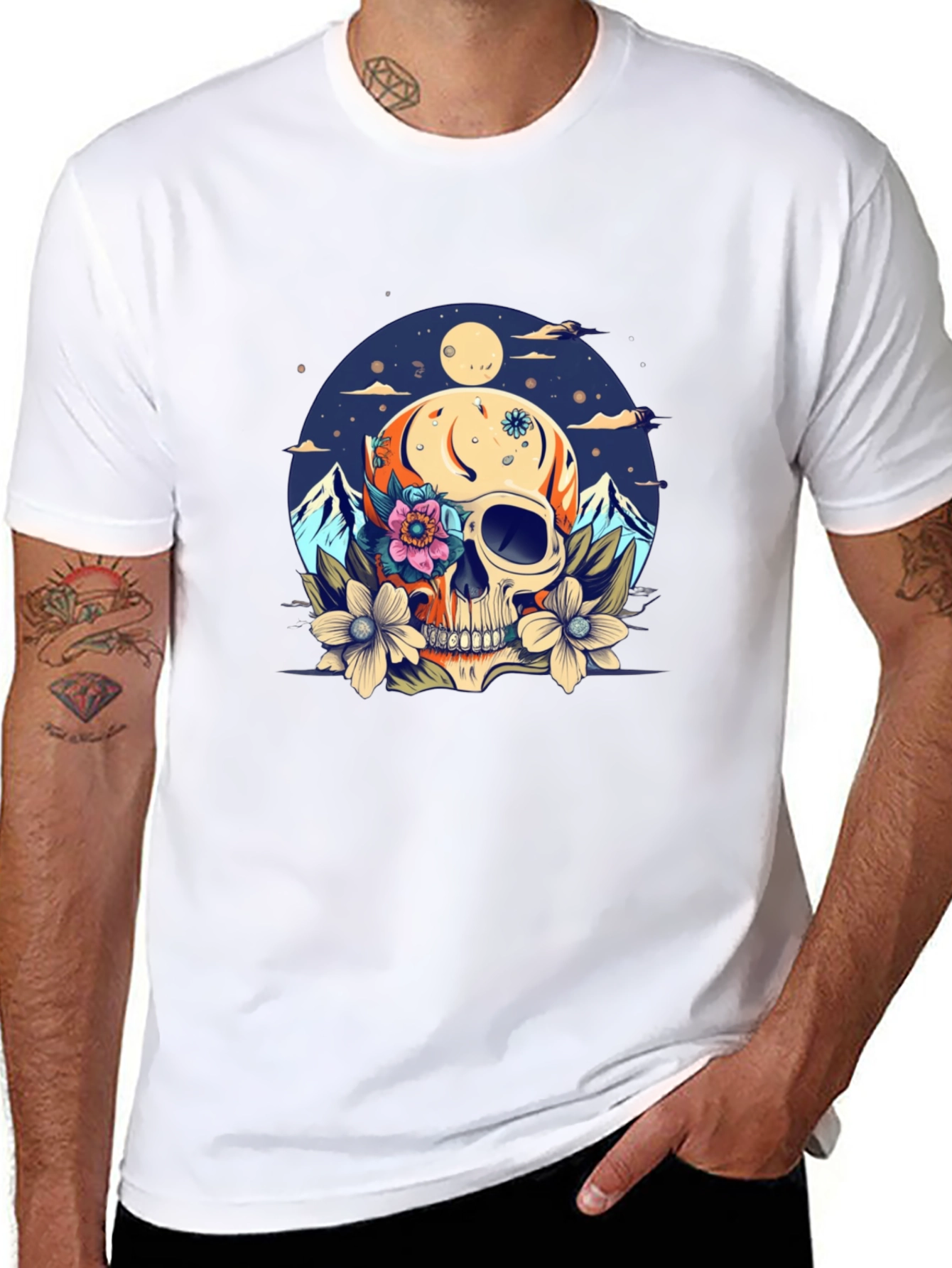 Skull & Flowers Graphic Tee - Black Cotton T-Shirt