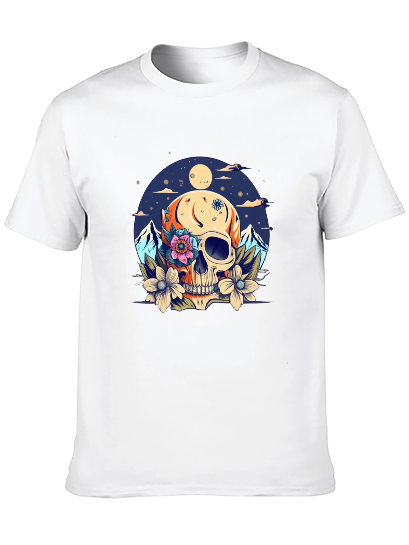 Skull & Flowers Graphic Tee - Black Cotton T-Shirt