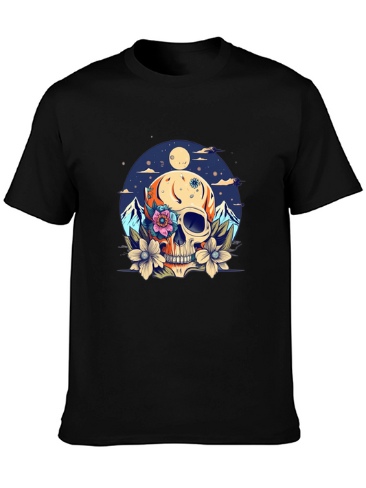 Skull & Flowers Graphic Tee - Black Cotton T-Shirt