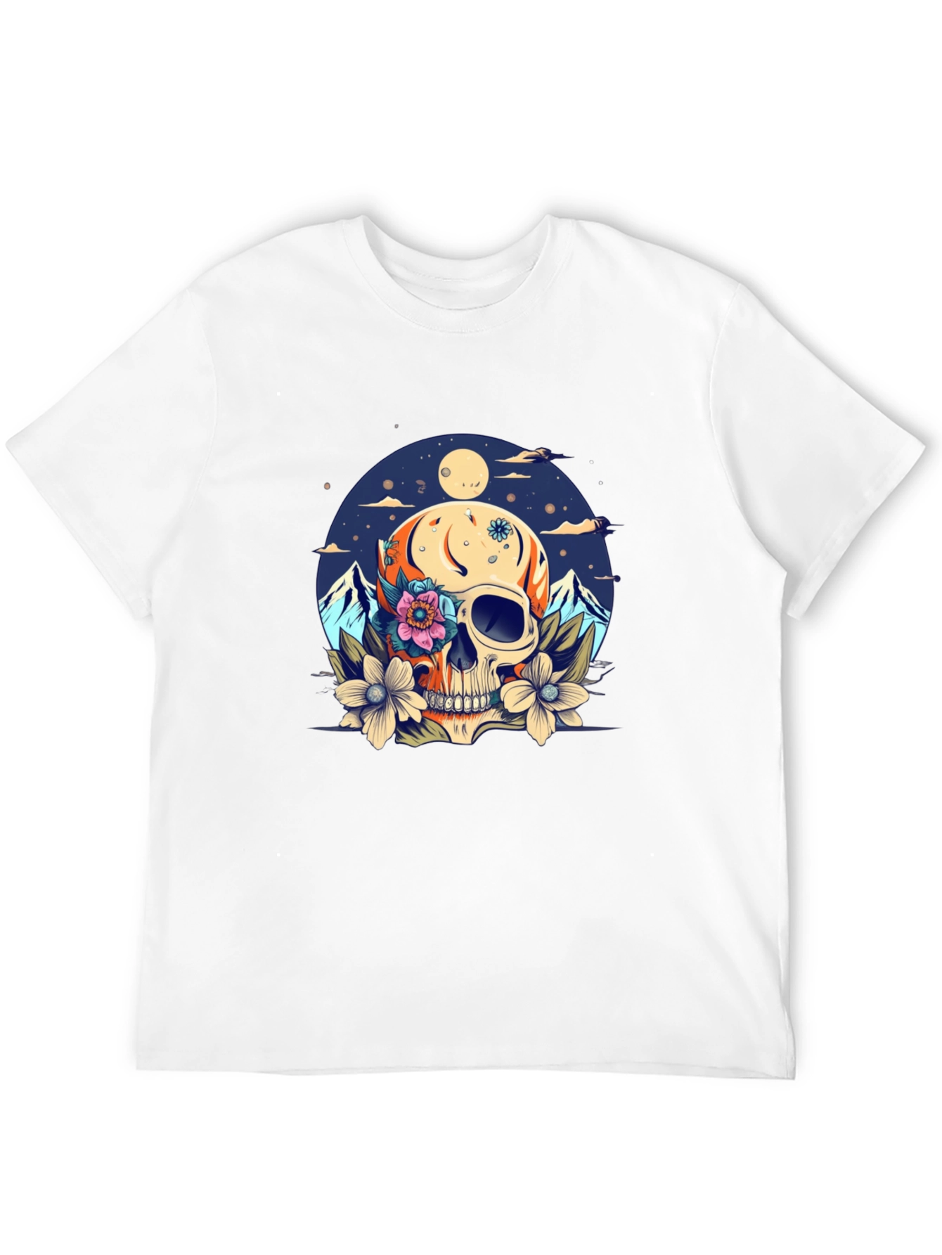Skull & Flowers Graphic Tee - Black Cotton T-Shirt