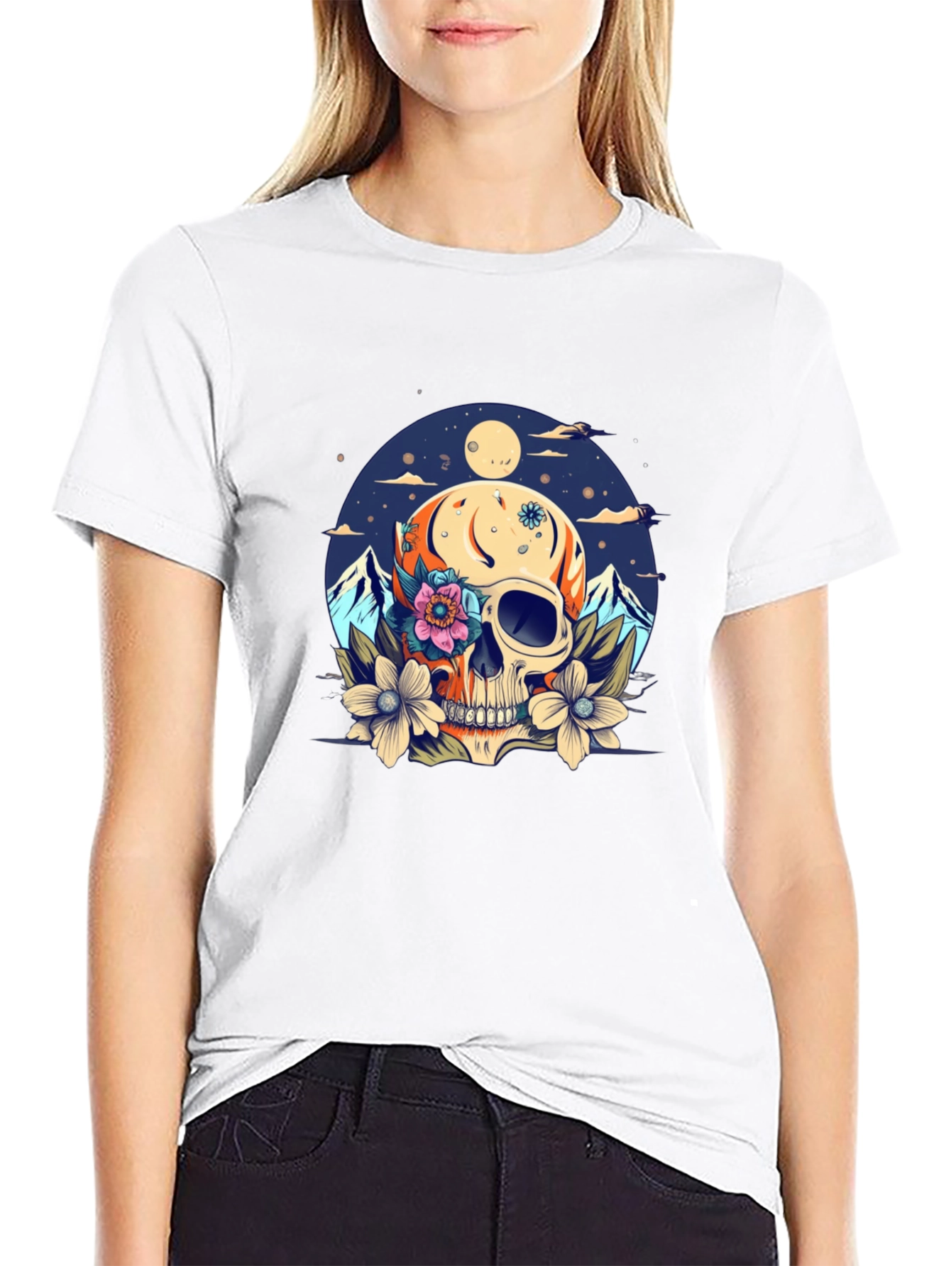 Skull & Flowers Graphic Tee - Black Cotton T-Shirt