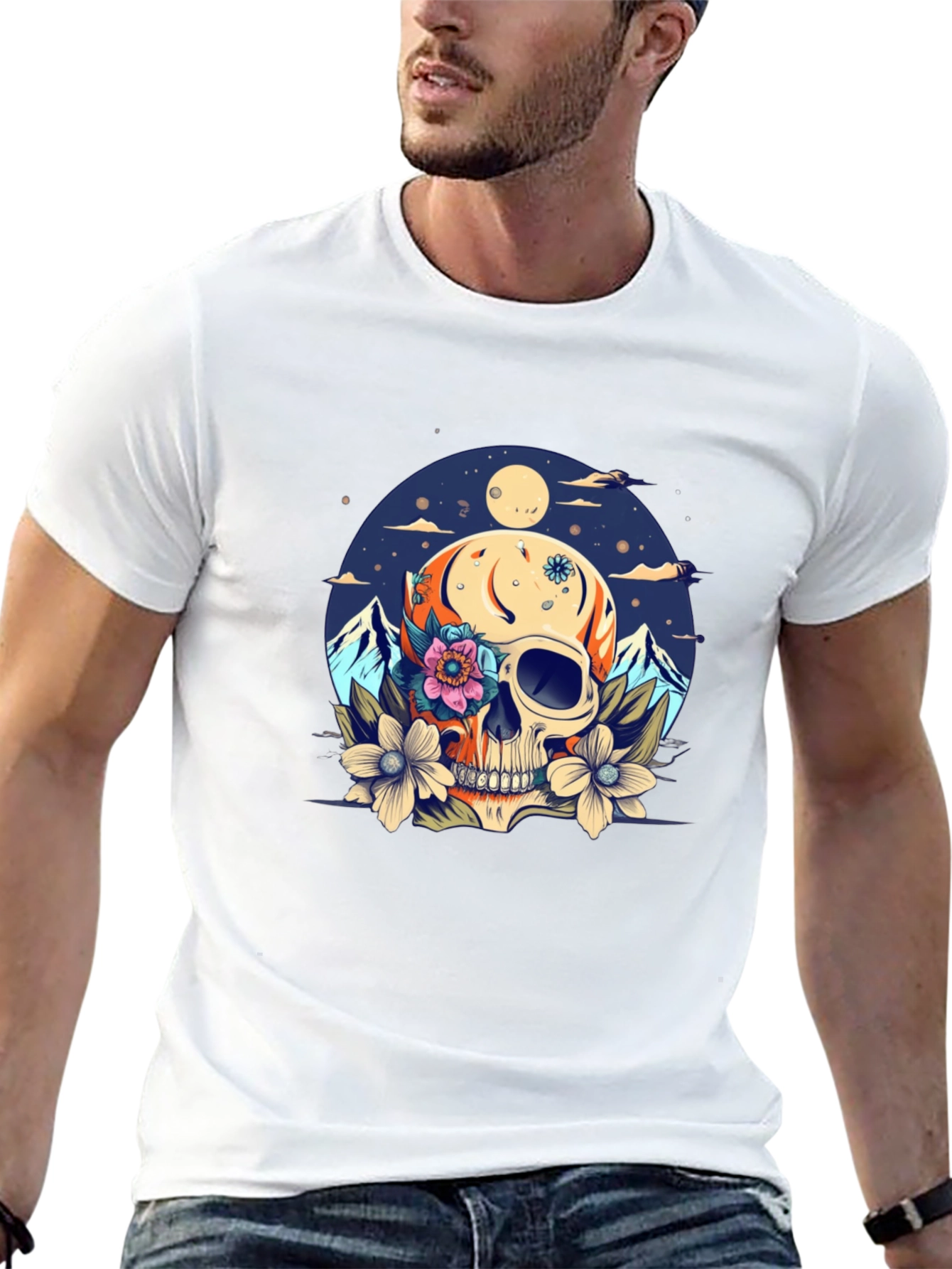 Skull & Flowers Graphic Tee - Black Cotton T-Shirt